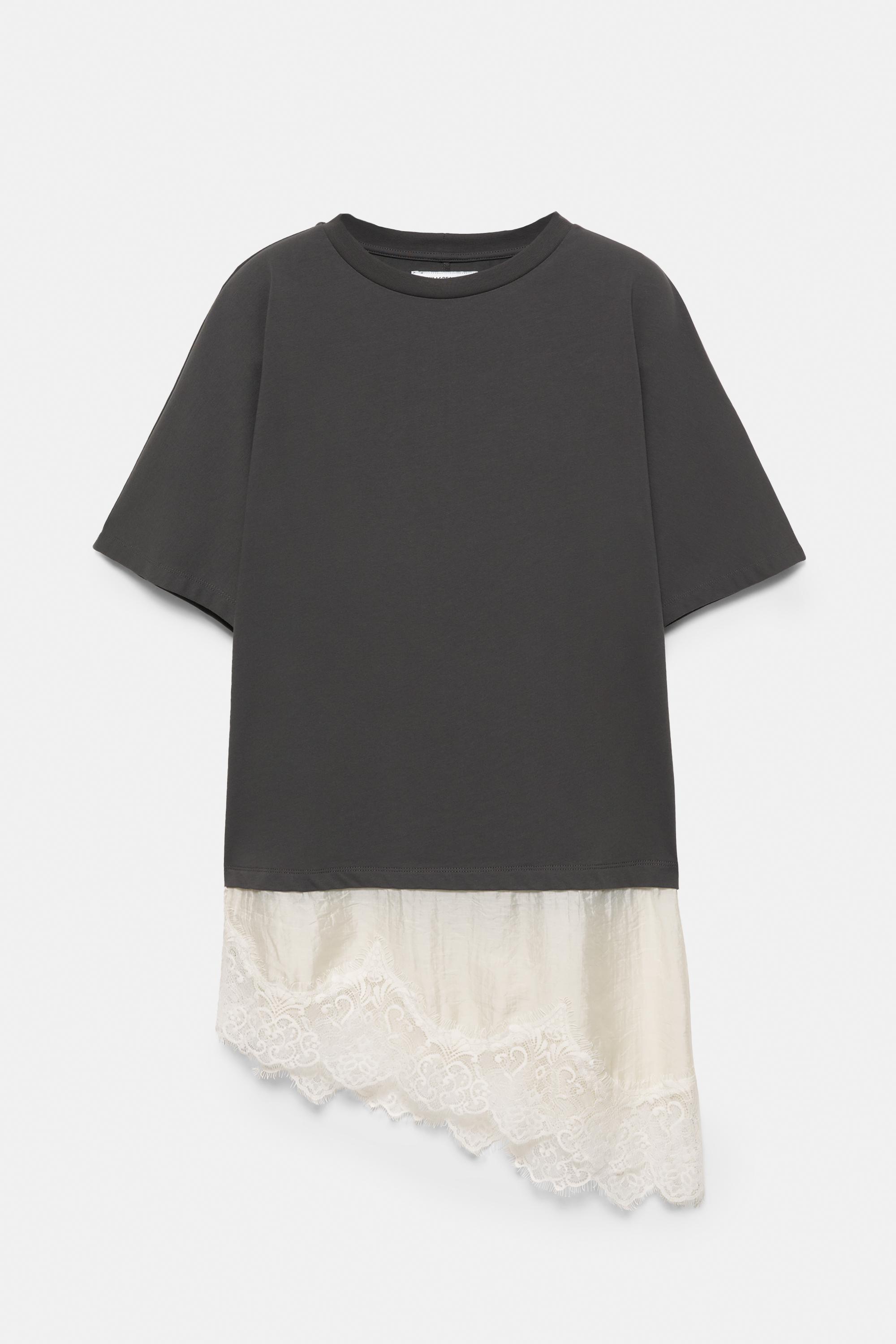 Contrast T-shirt with lace hem — Anthracite grey