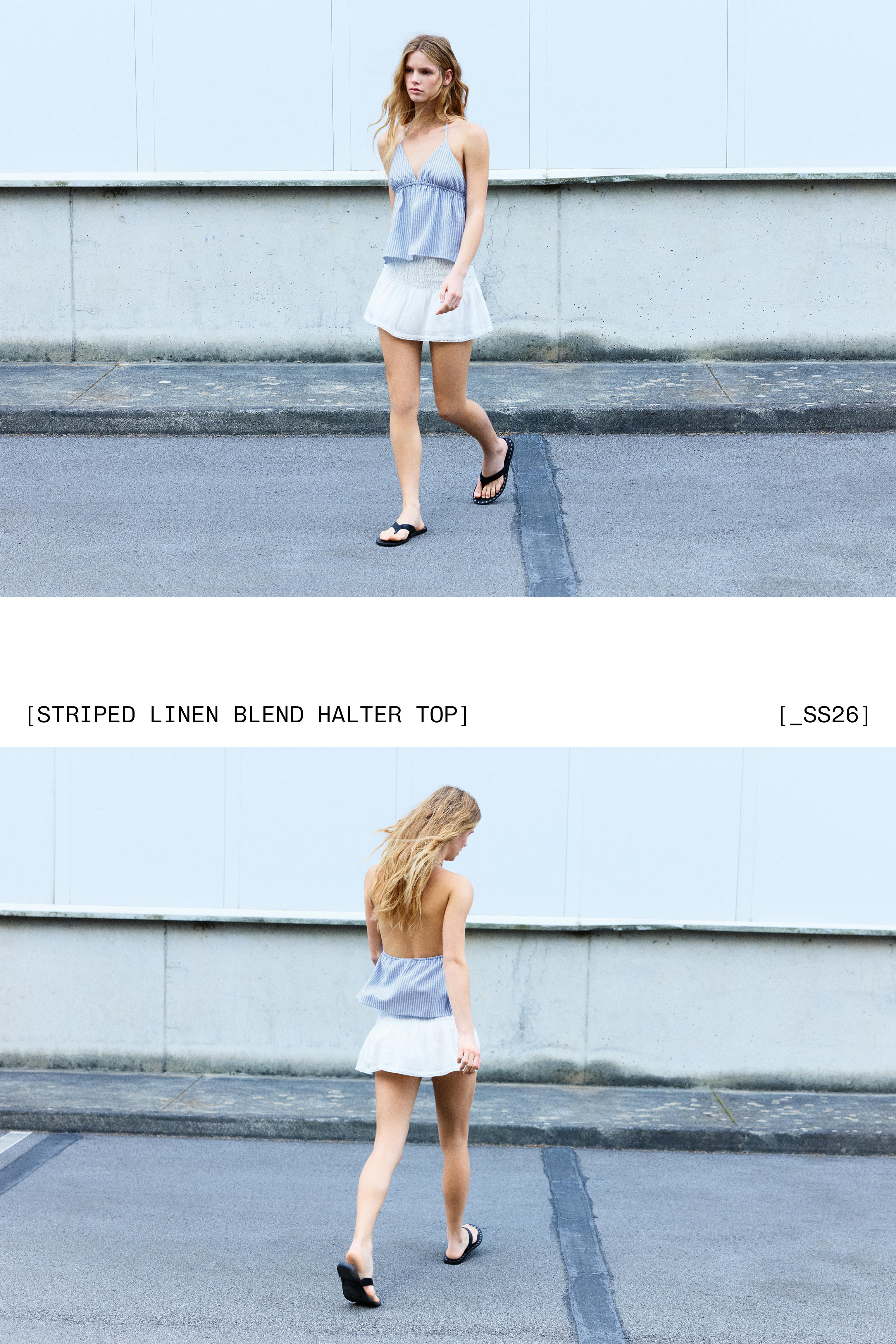 Striped linen blend halter top — Blue