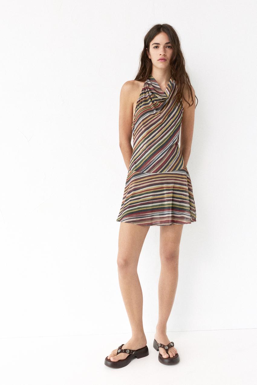 Multicoloured striped halter neck backless mini dress set.