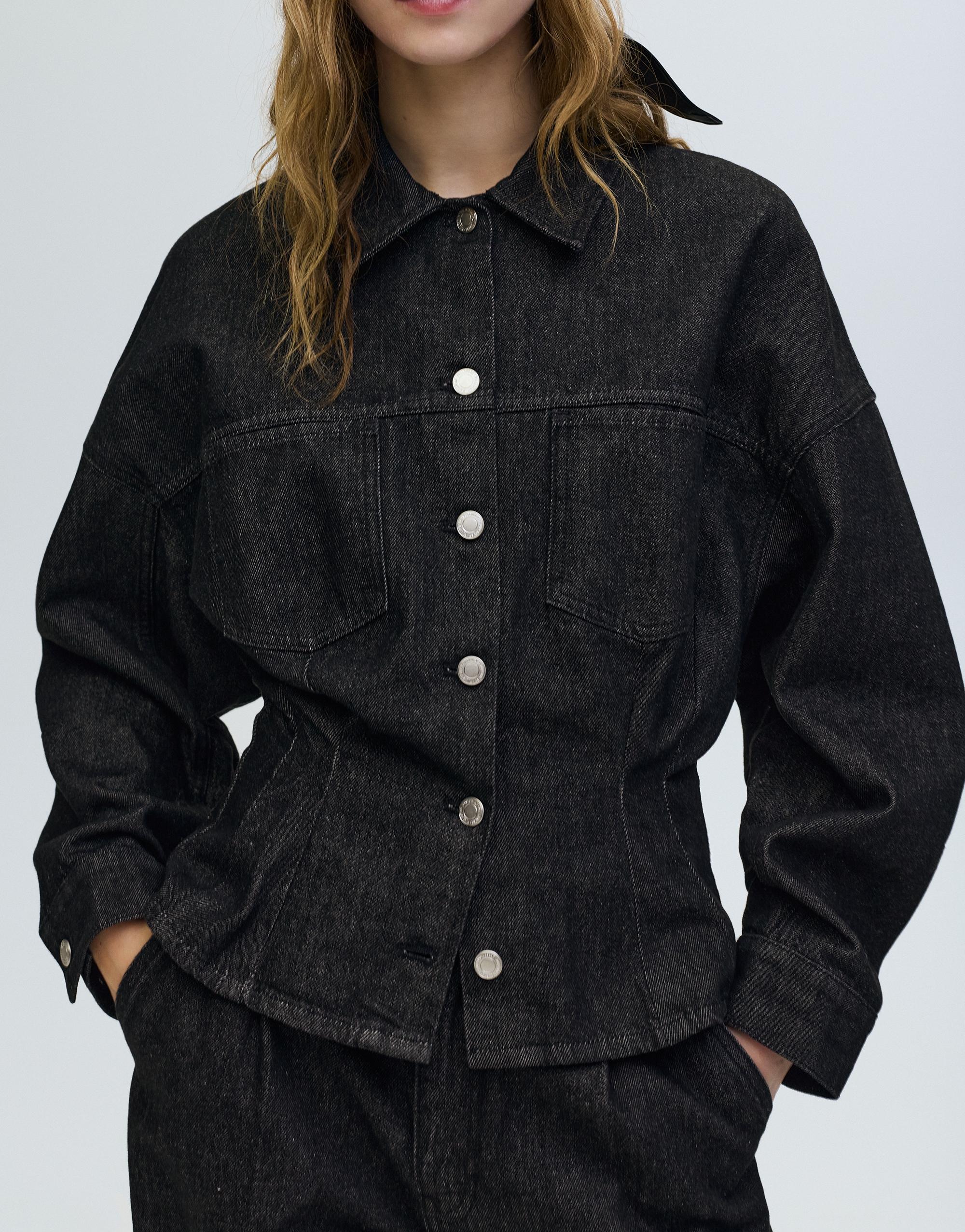 Fitted denim shirt with pleats — Black