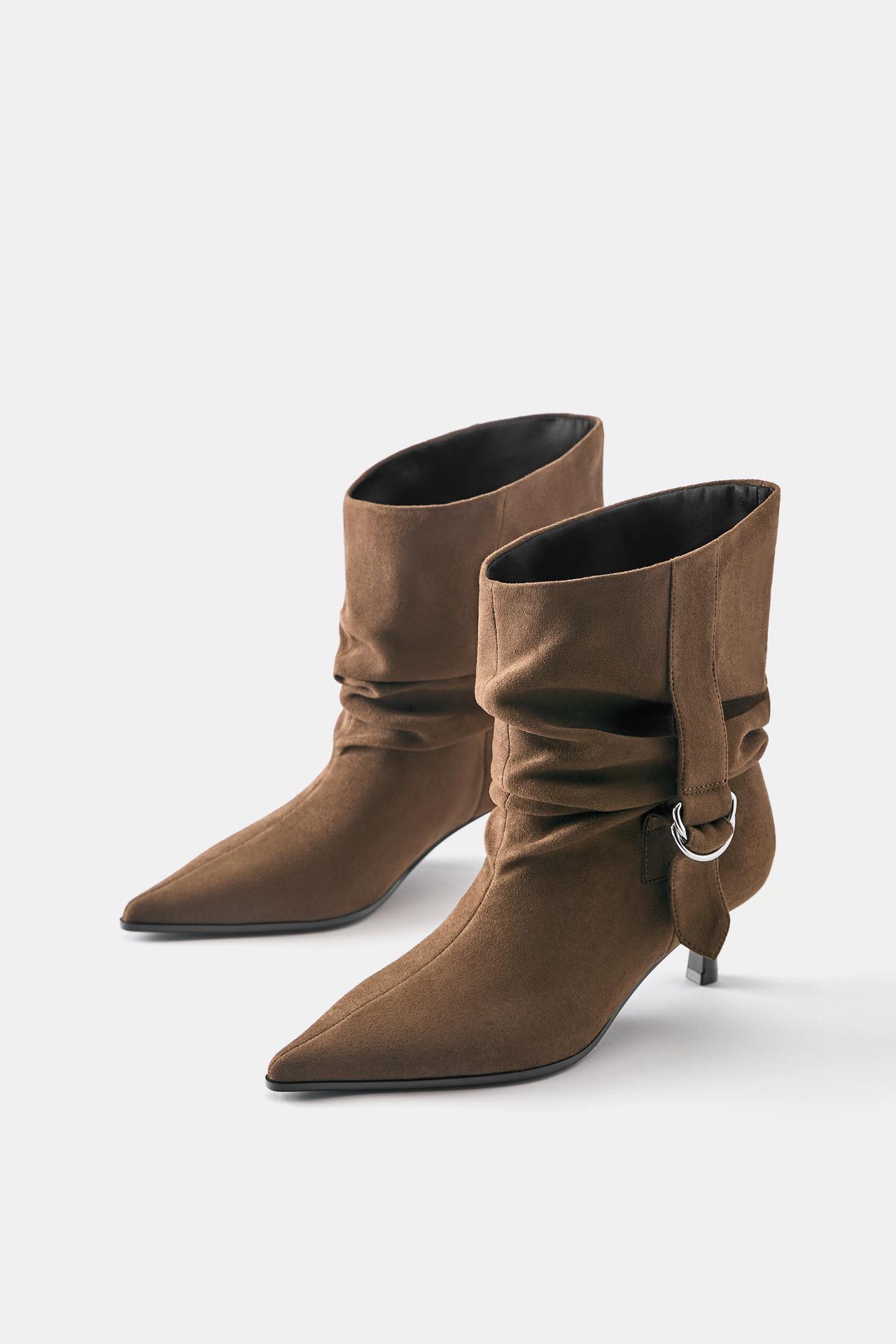 Ruched-ankle high-heel boots — Camel