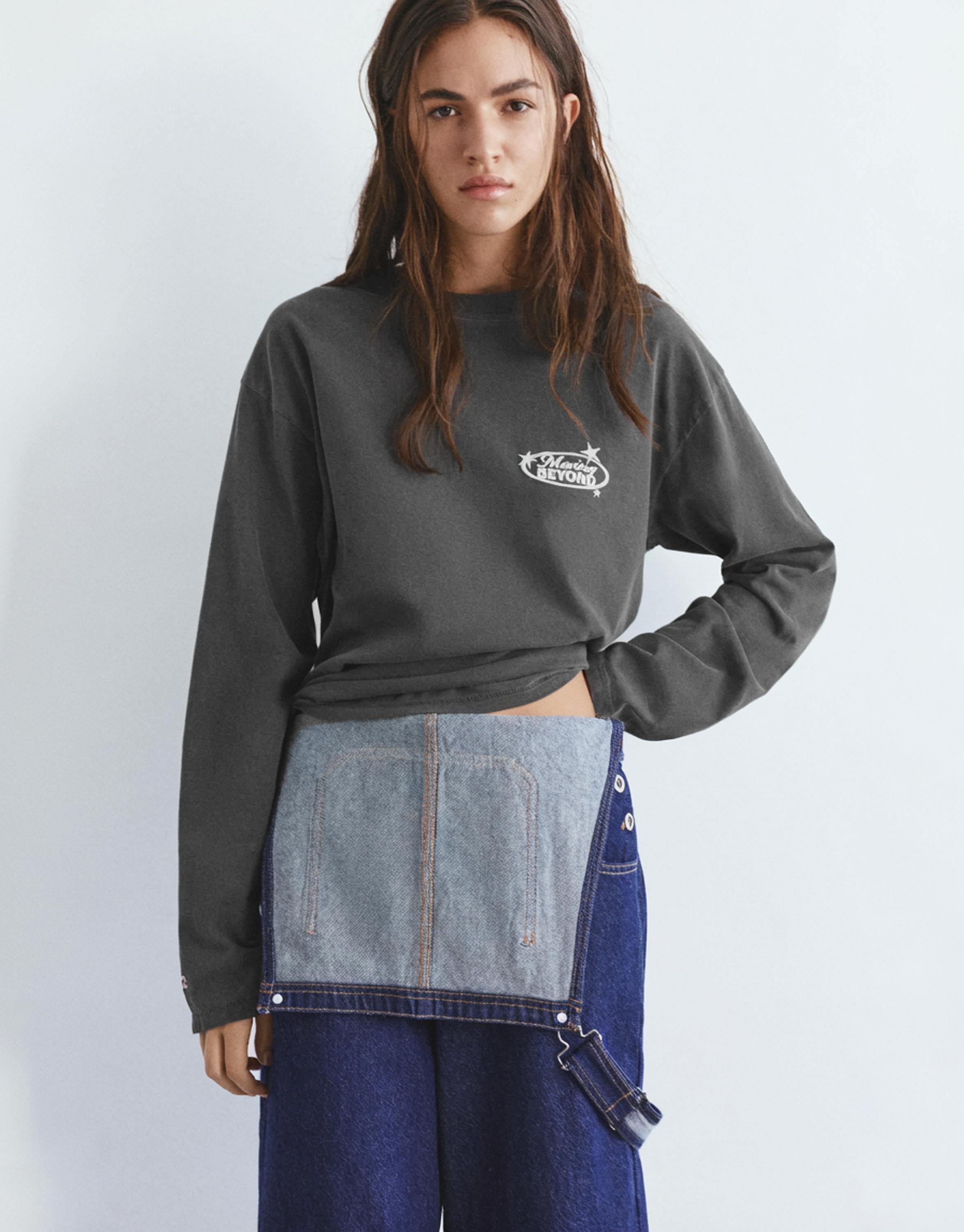 Long sleeve graphic print T-shirt — Faded black
