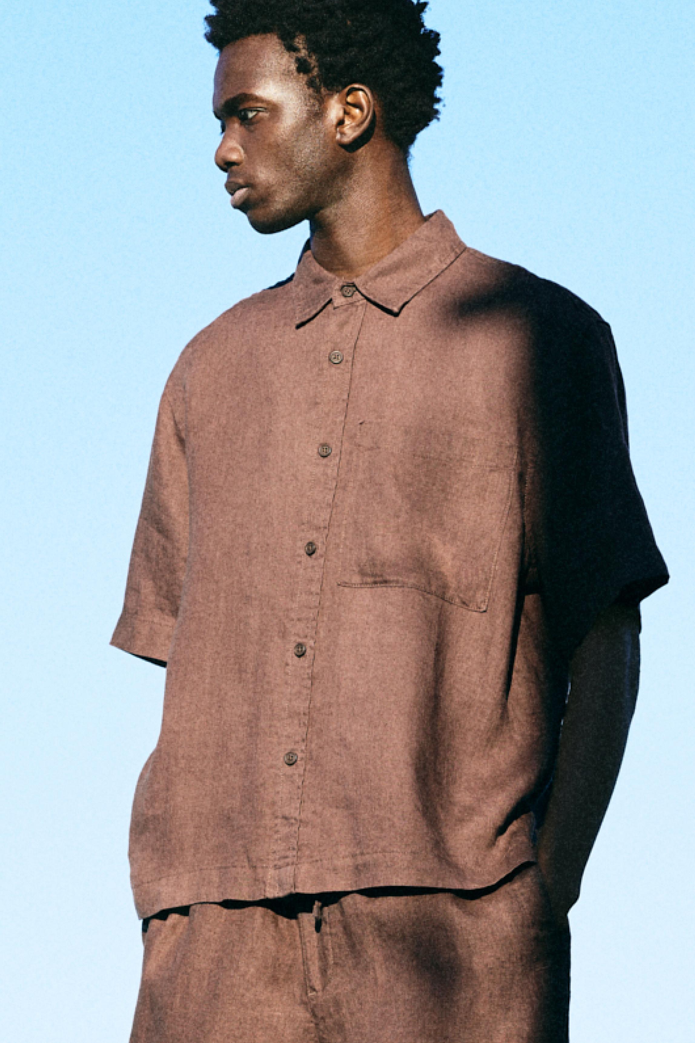 Camicia A Maniche Corte 100% Lino