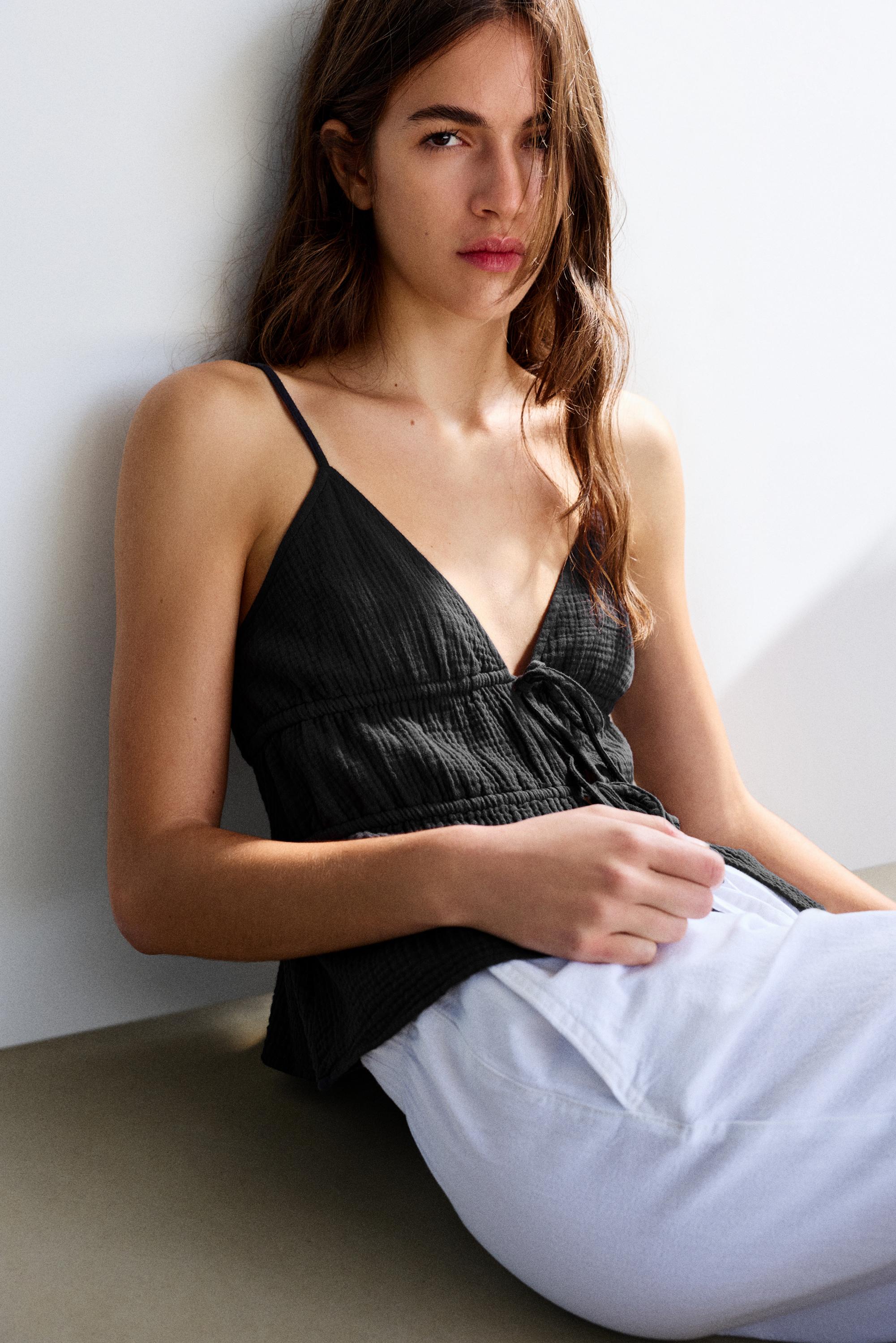 Crepe strappy top — Faded black
