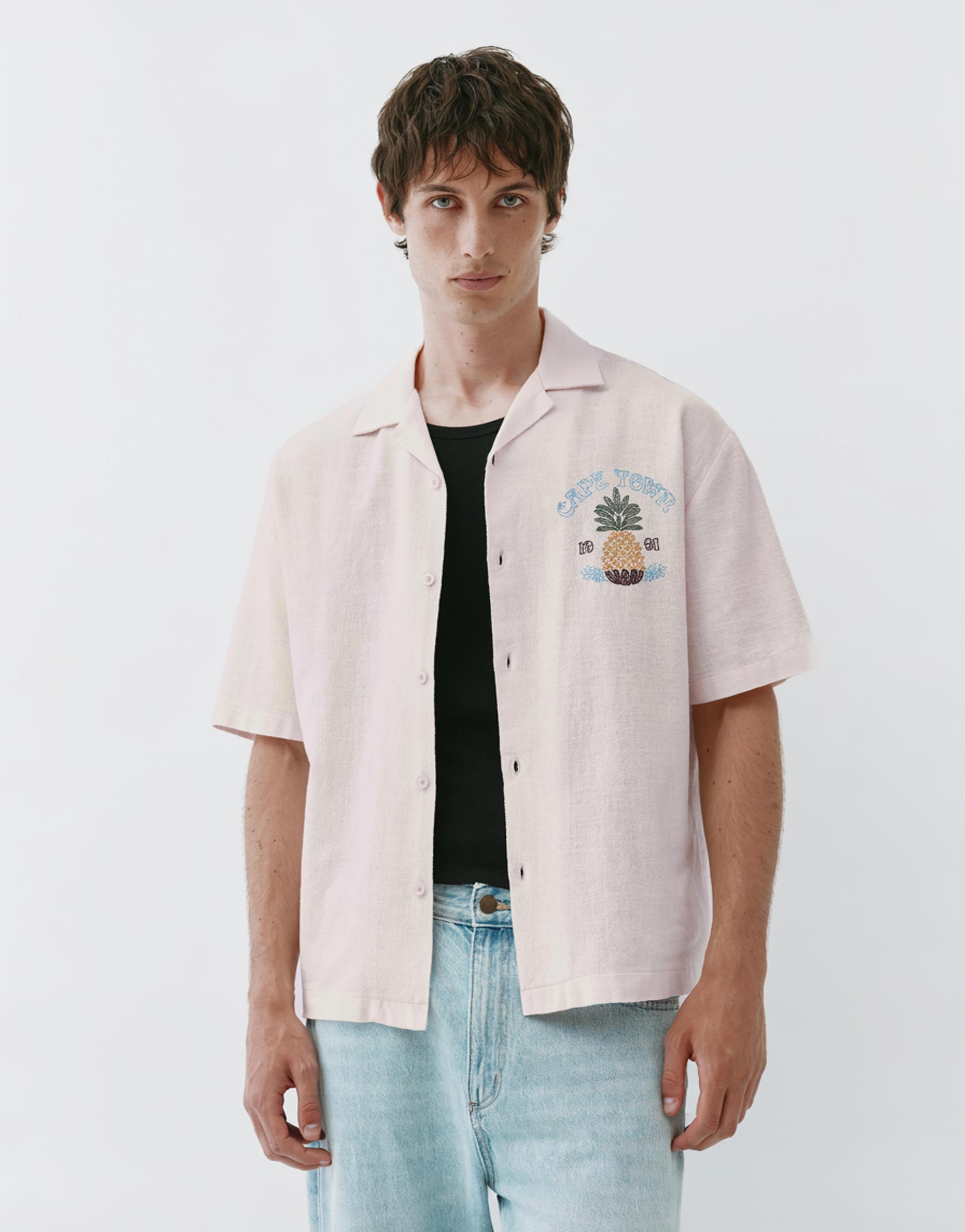 Pineapple embroidery short sleeve shirt — Rose pink