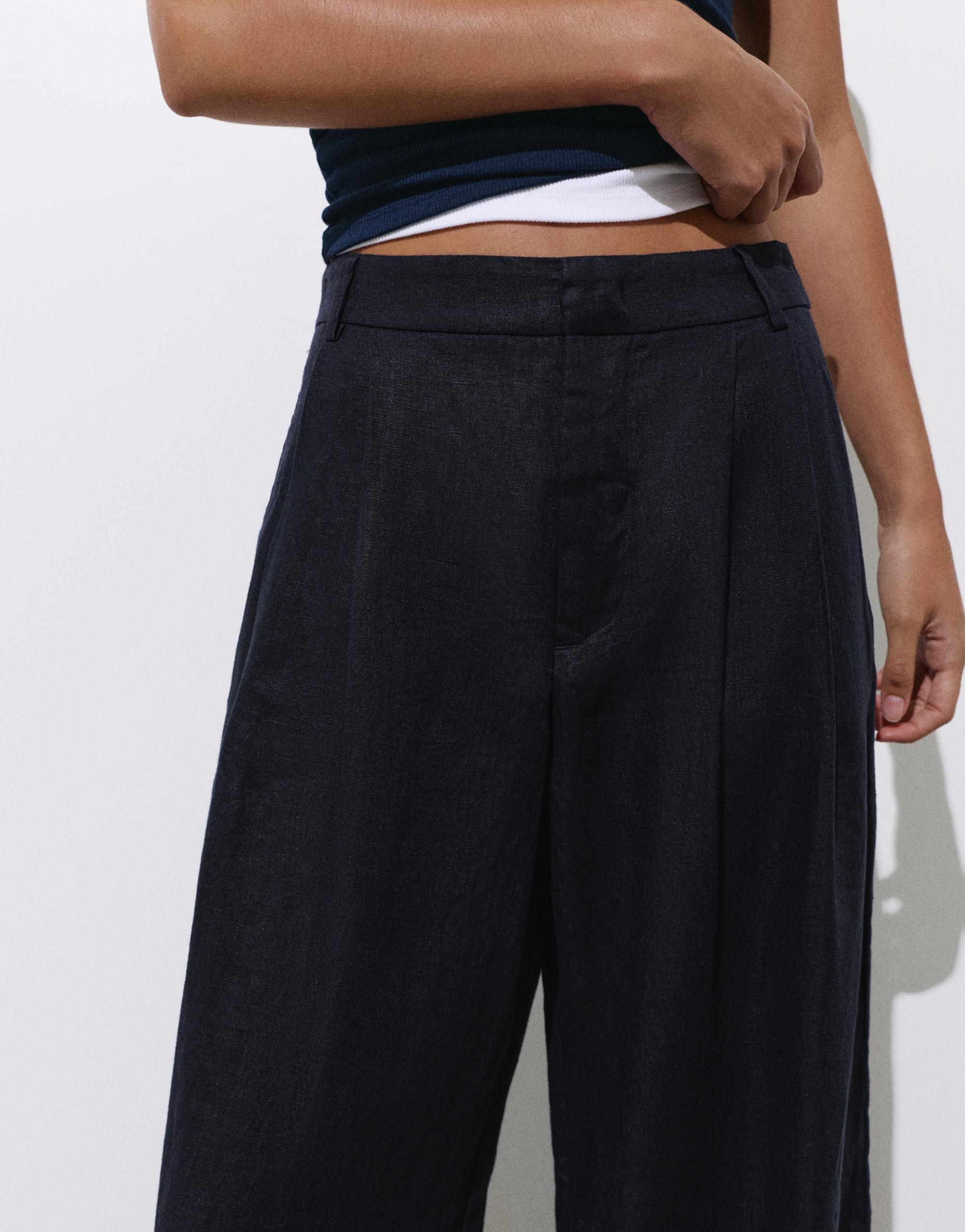 Wide-leg 100% linen trousers — Dark navy