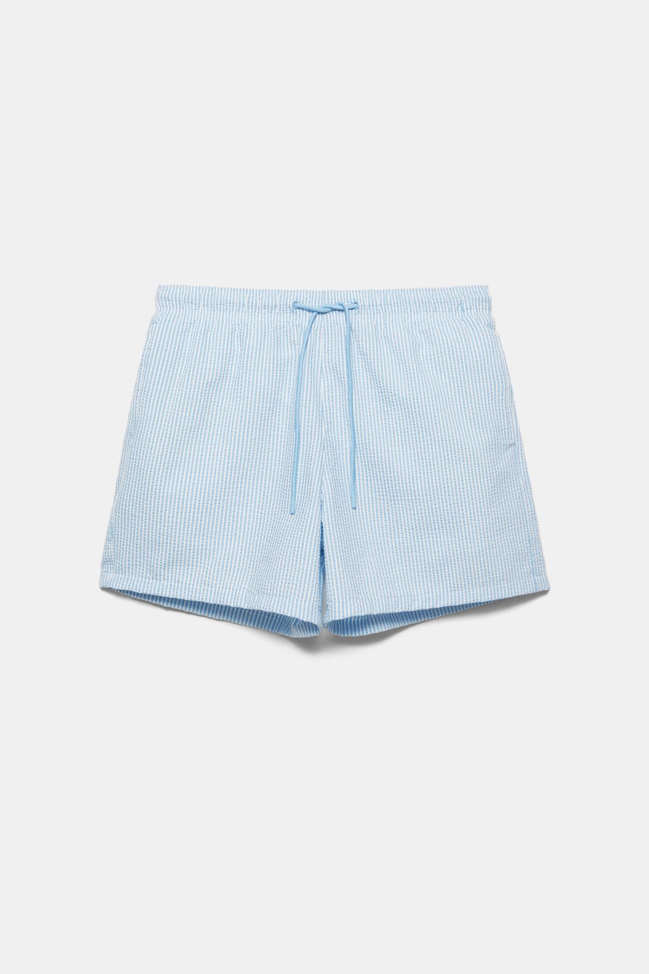 Striped seersucker swimming trunks — Blue