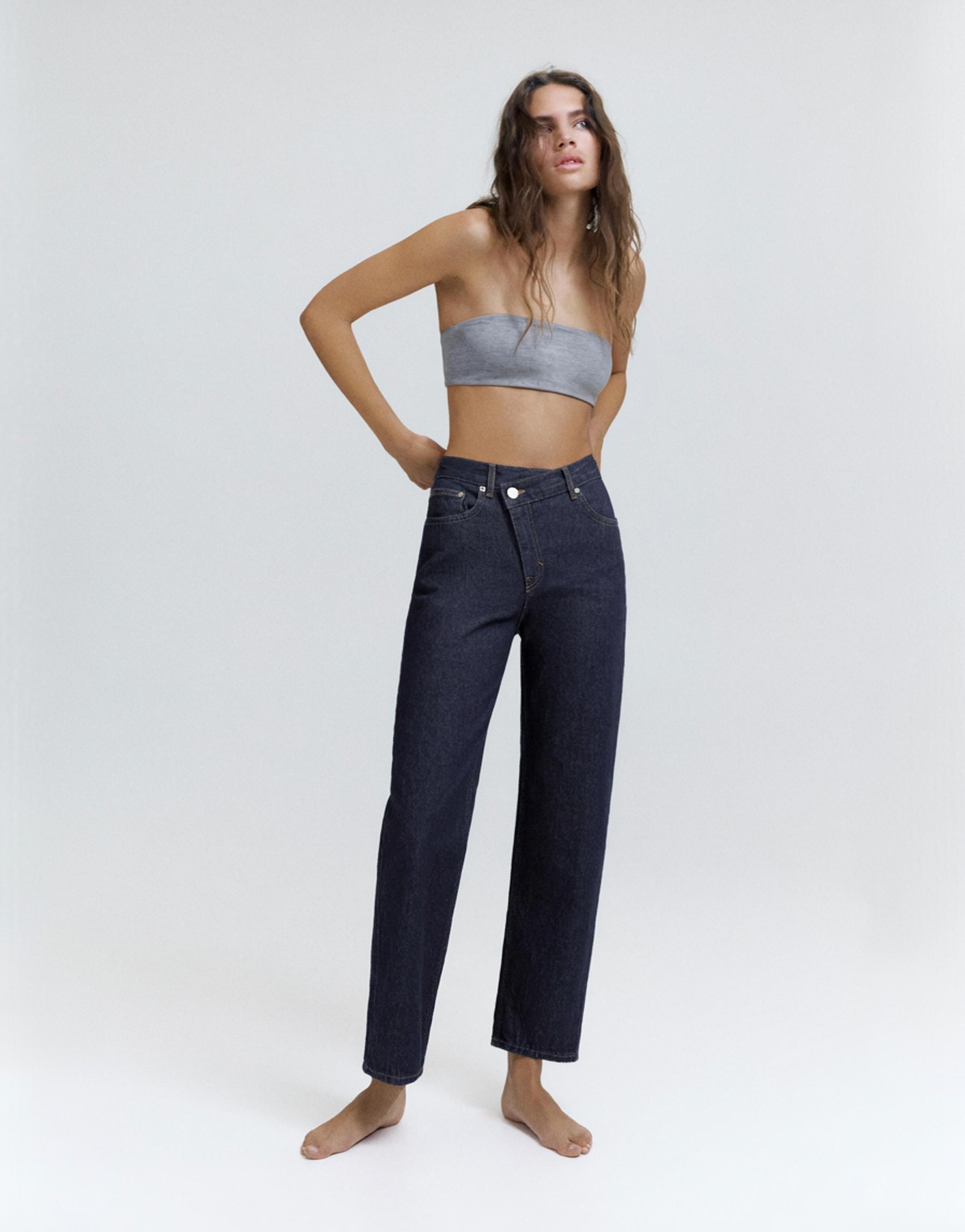 Straight-leg jeans with crossover waistband — Navy