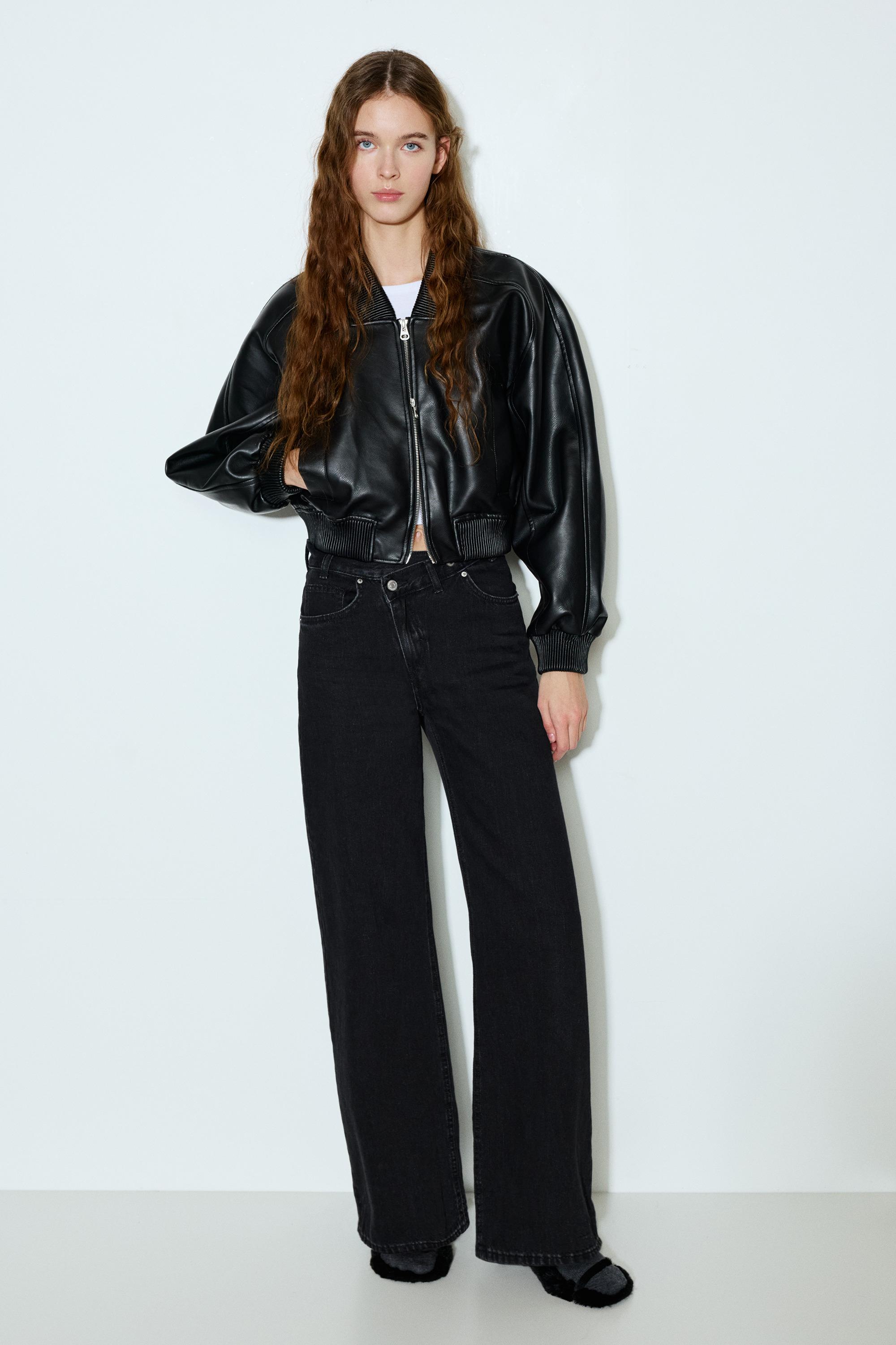 Wide leg jeans with crossover waistband — Black