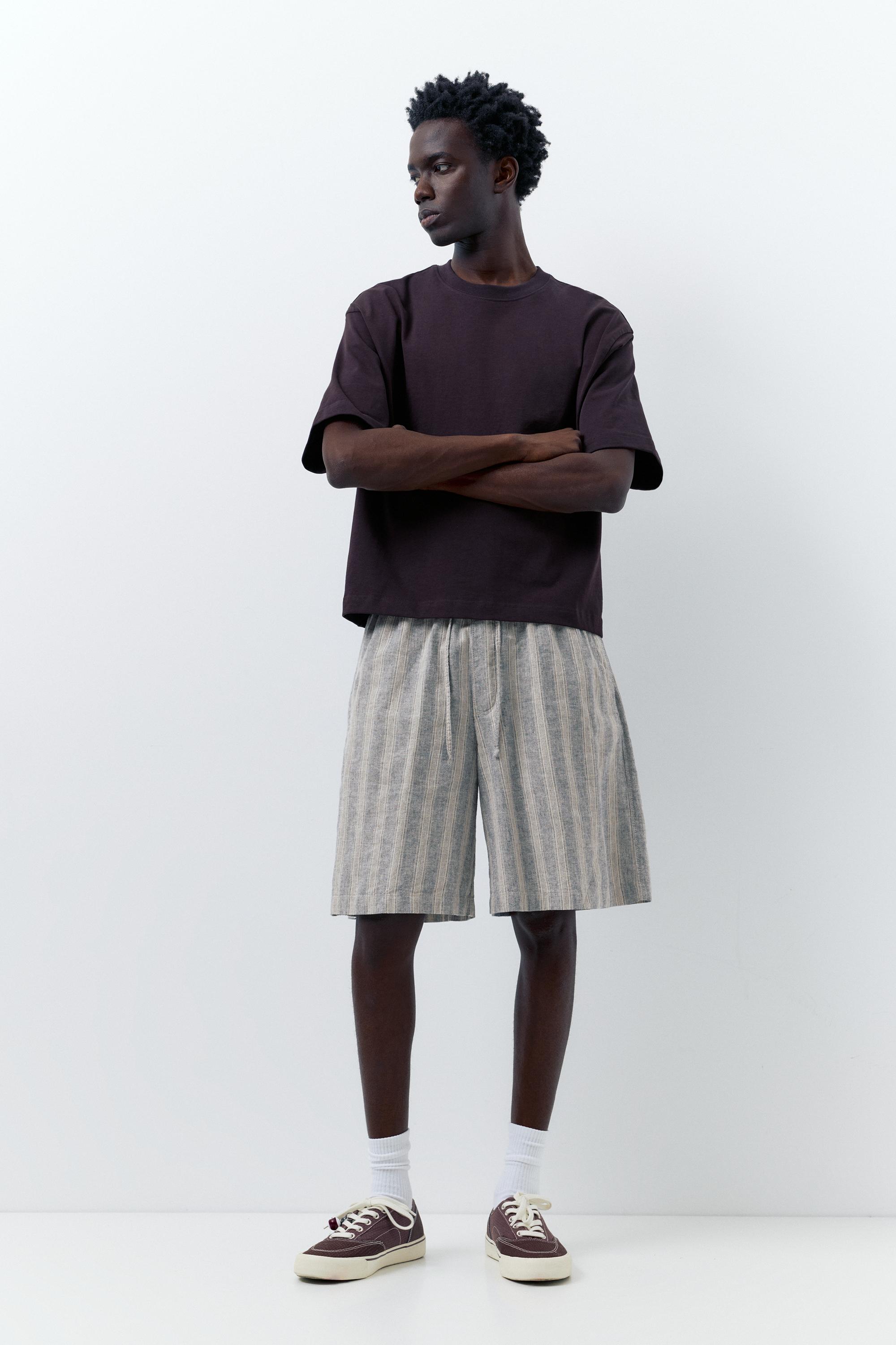 Linen blend Bermuda jogger shorts — Striped