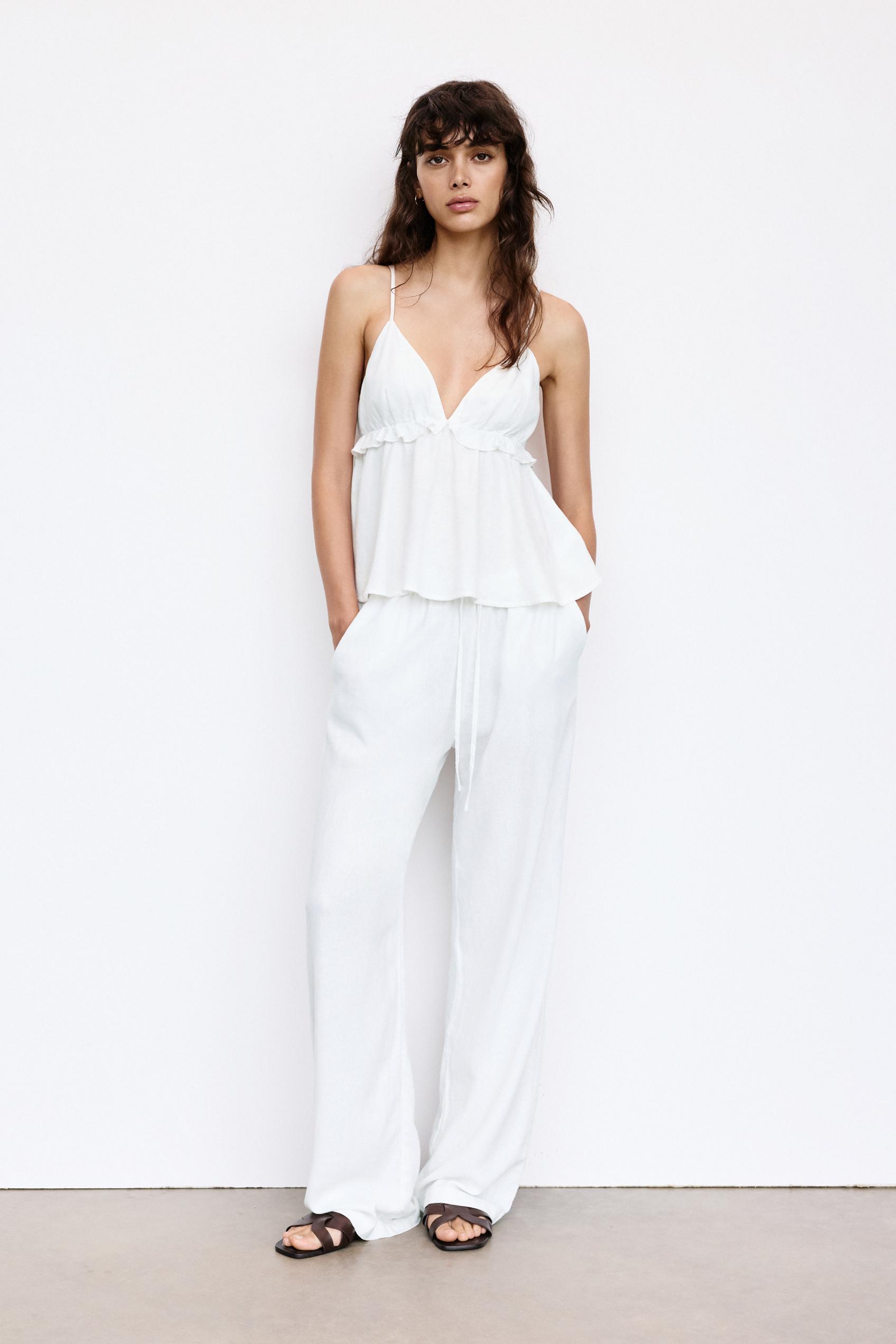 Flowy trousers with linen — White