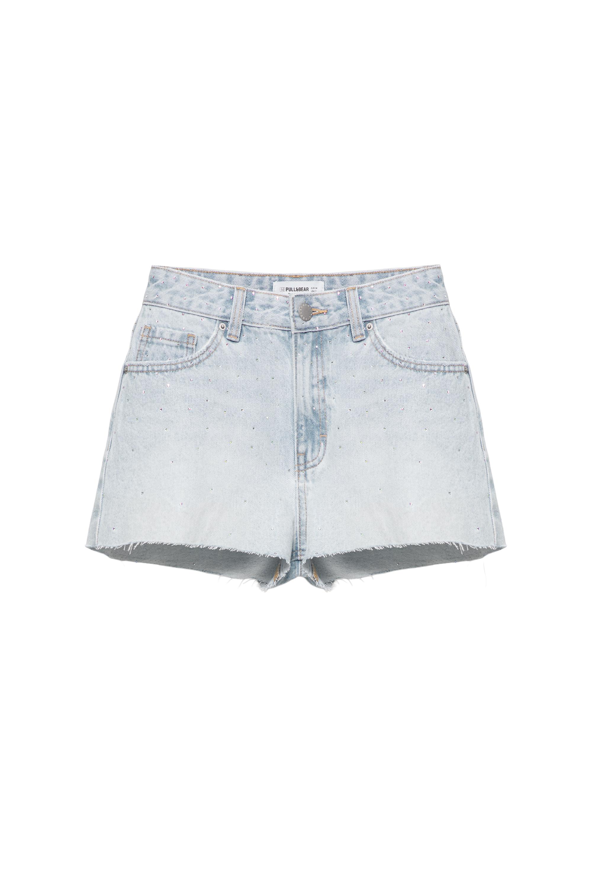 Pull&Bear Işıltılı detaylı orta bel denim şort görsel 3