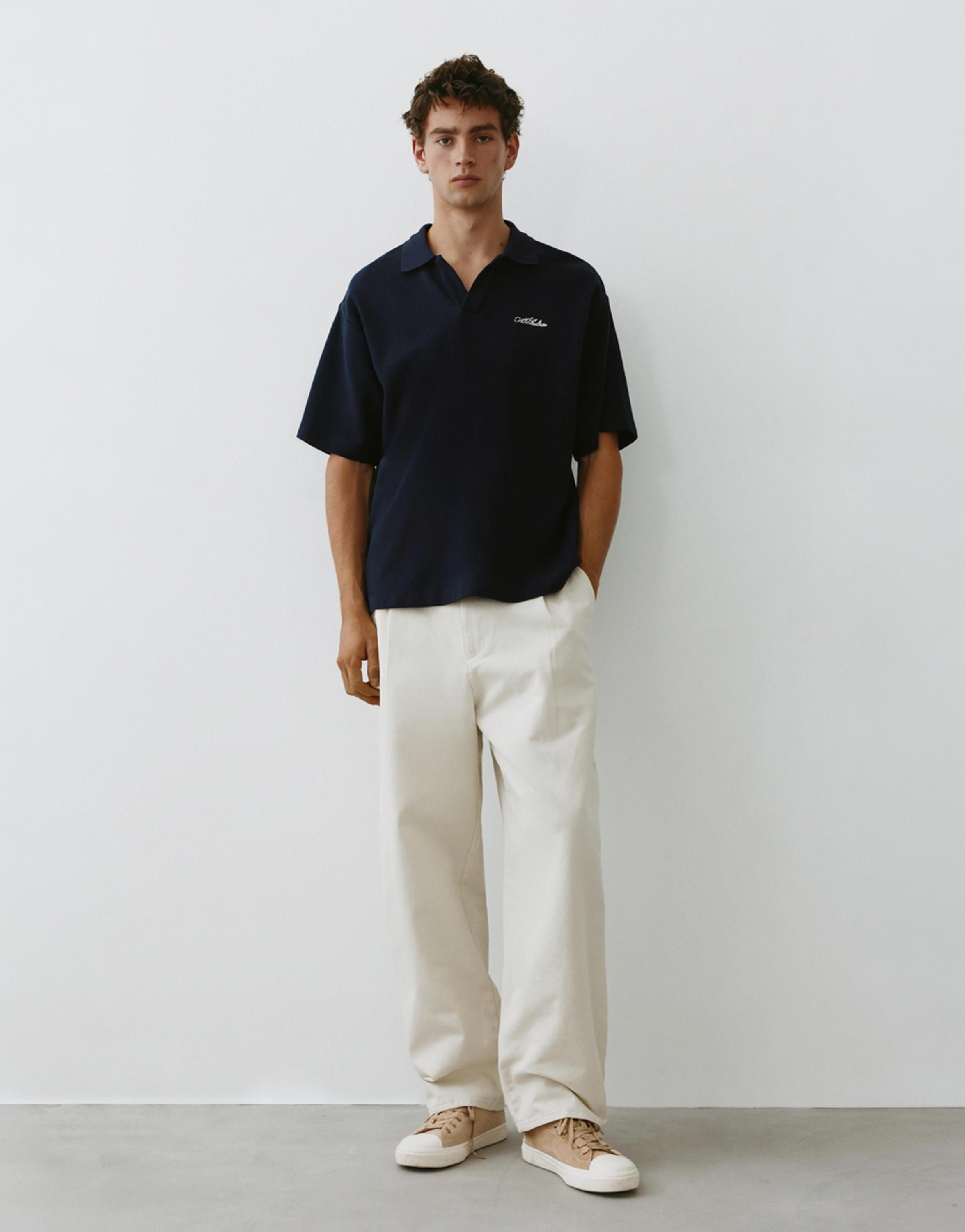 Short sleeve waffle-knit polo shirt — Navy