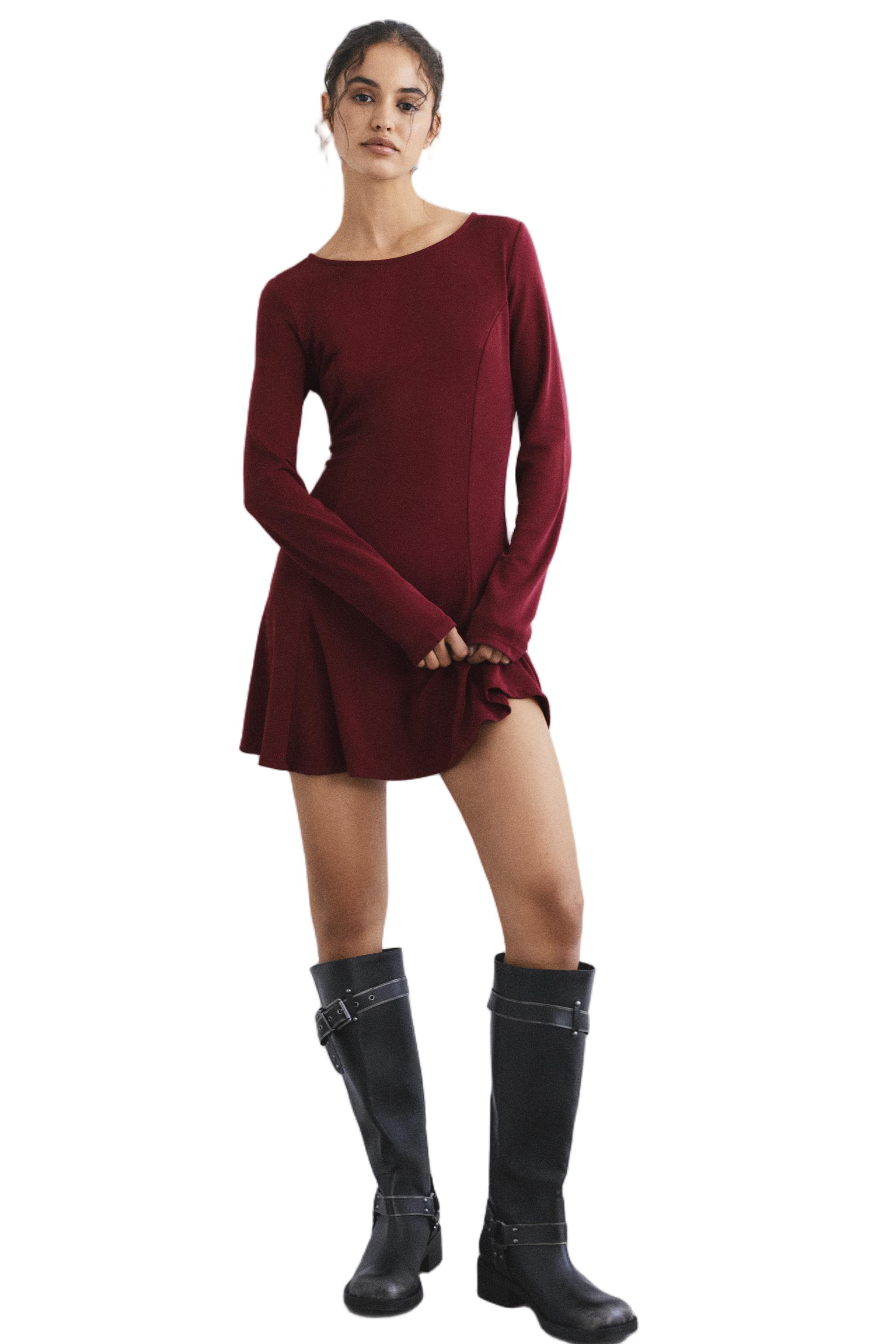 Short cupro dress with a flowing hem — Wine