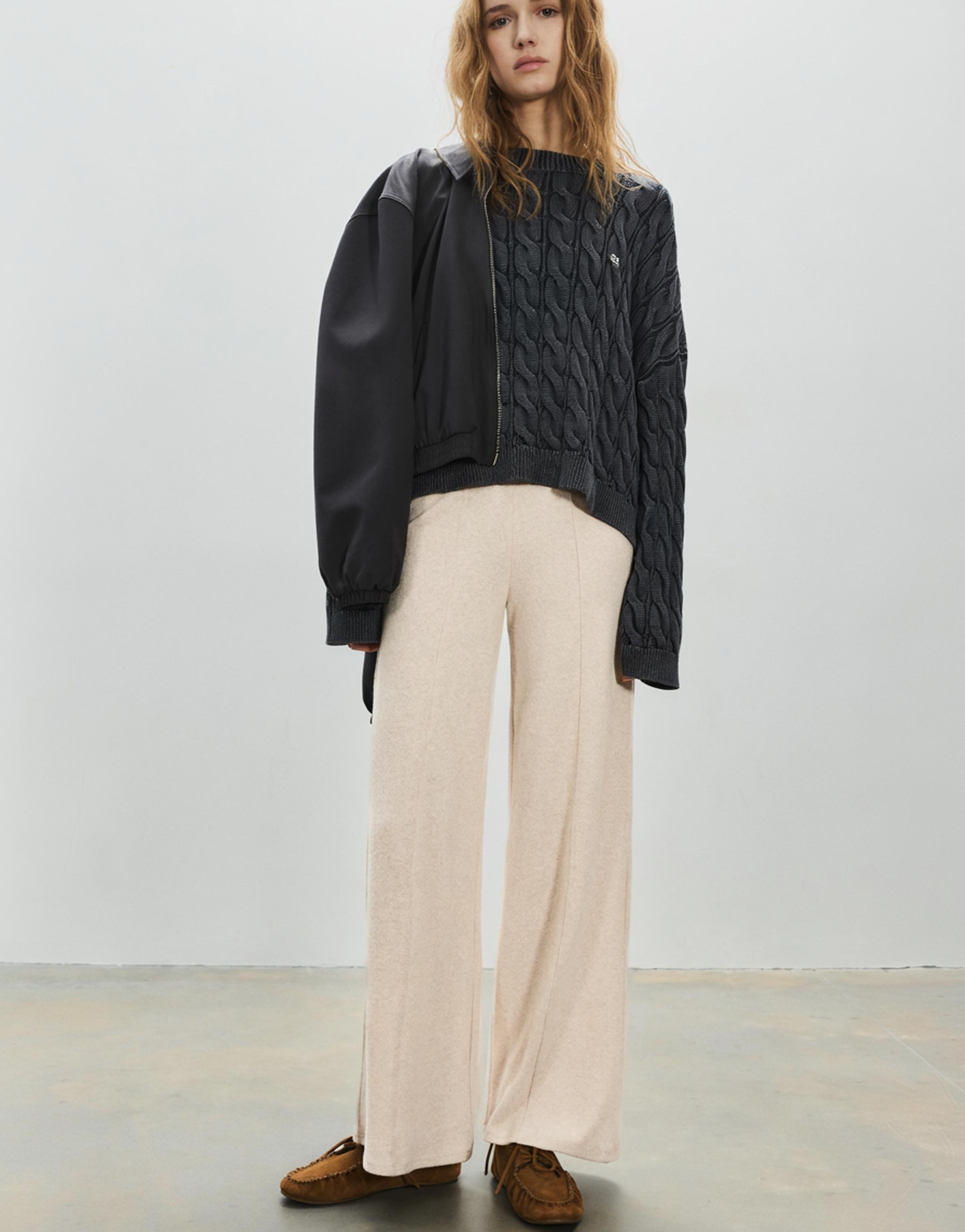 Wide-leg soft touch trousers — Ecru