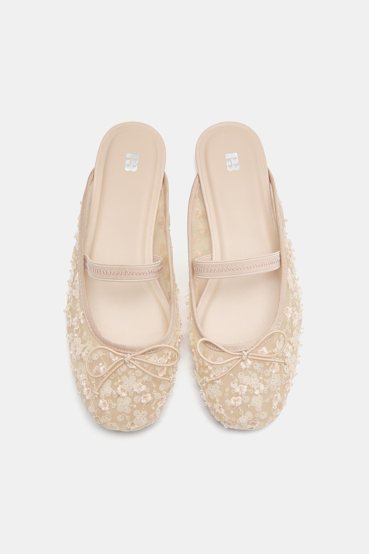 Embellished mule ballet flats — Nude