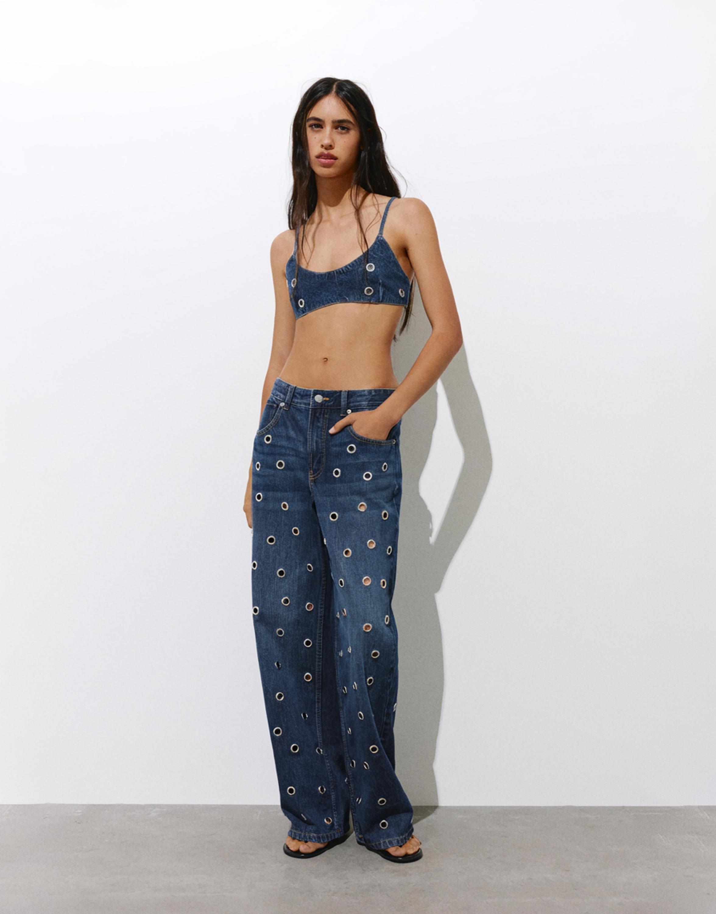 Kuşgözü detaylı denim top - Görsel 6