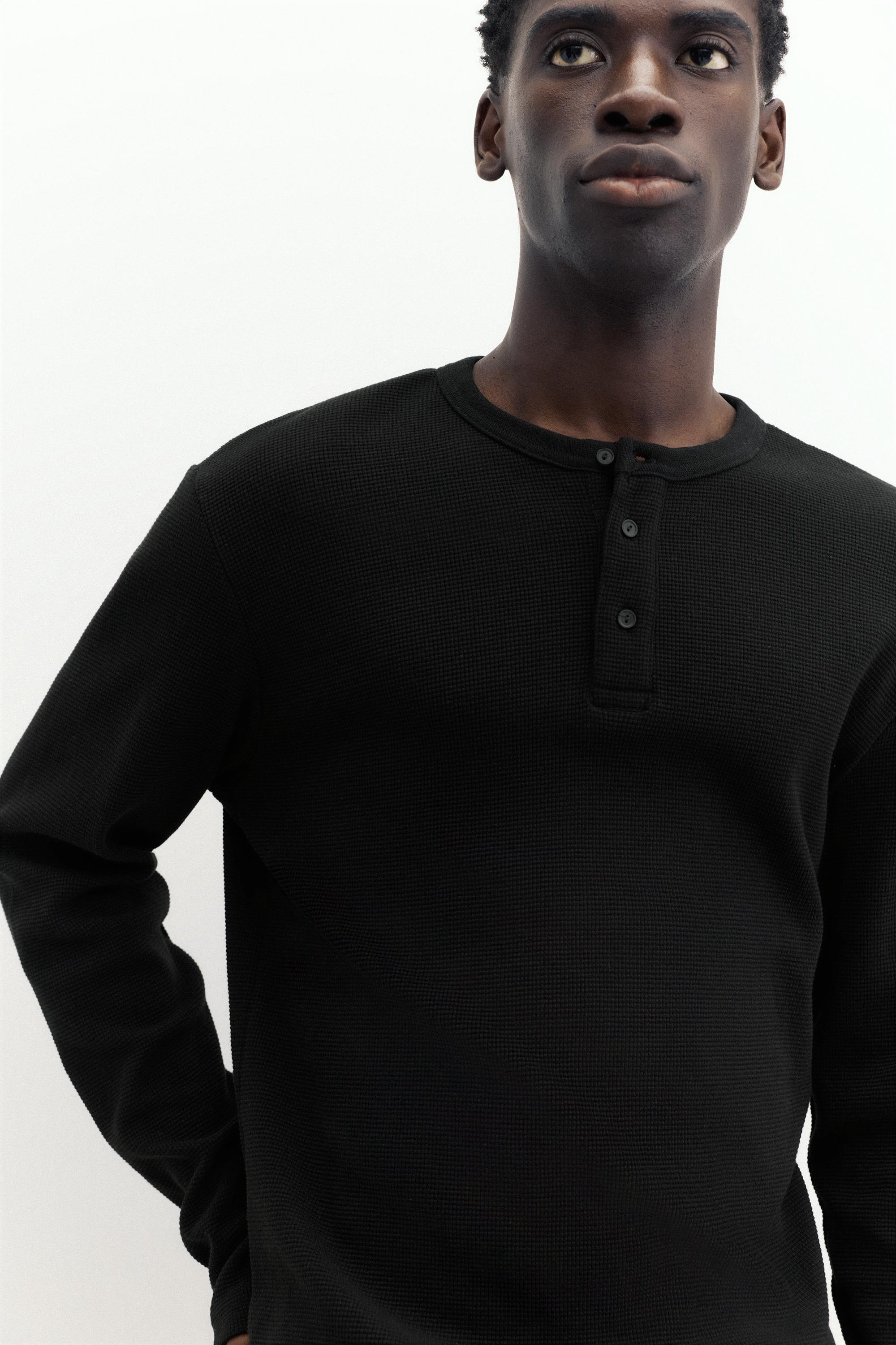 Waffle-knit long sleeve T-shirt — Black