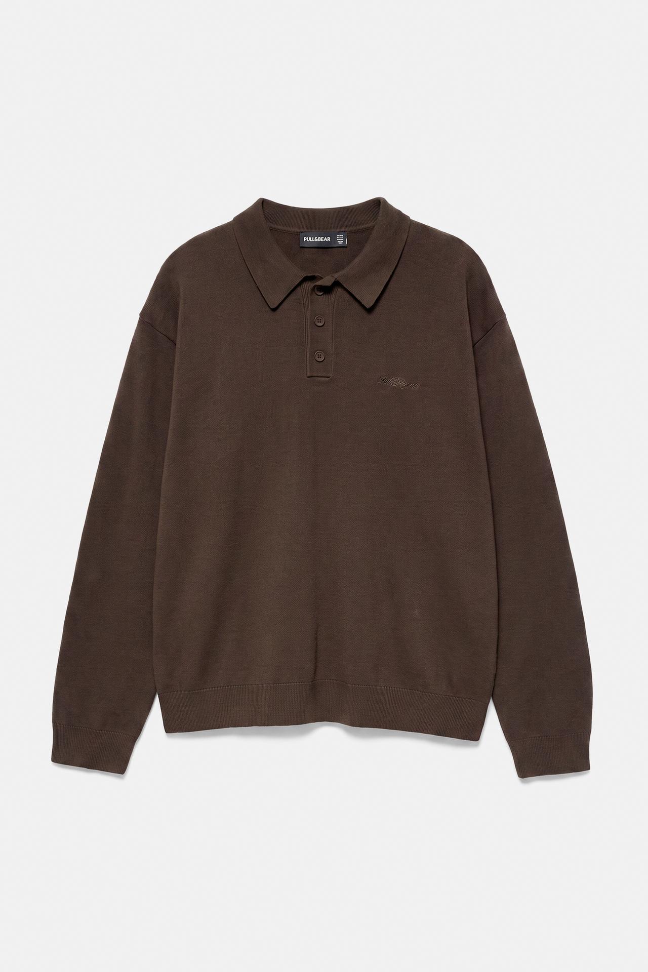 Long sleeve knit polo shirt — Brown