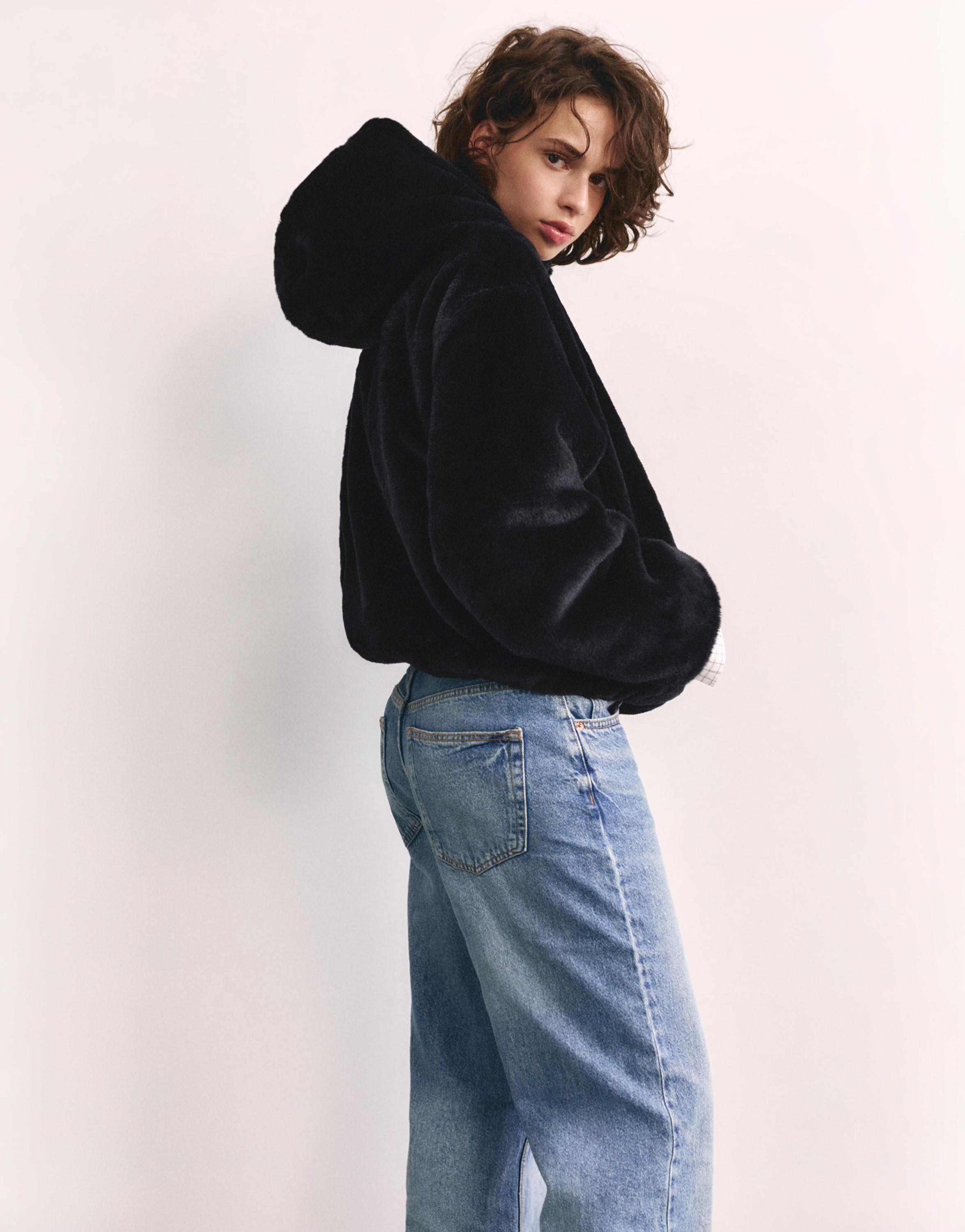 Hooded faux fur jacket — Black