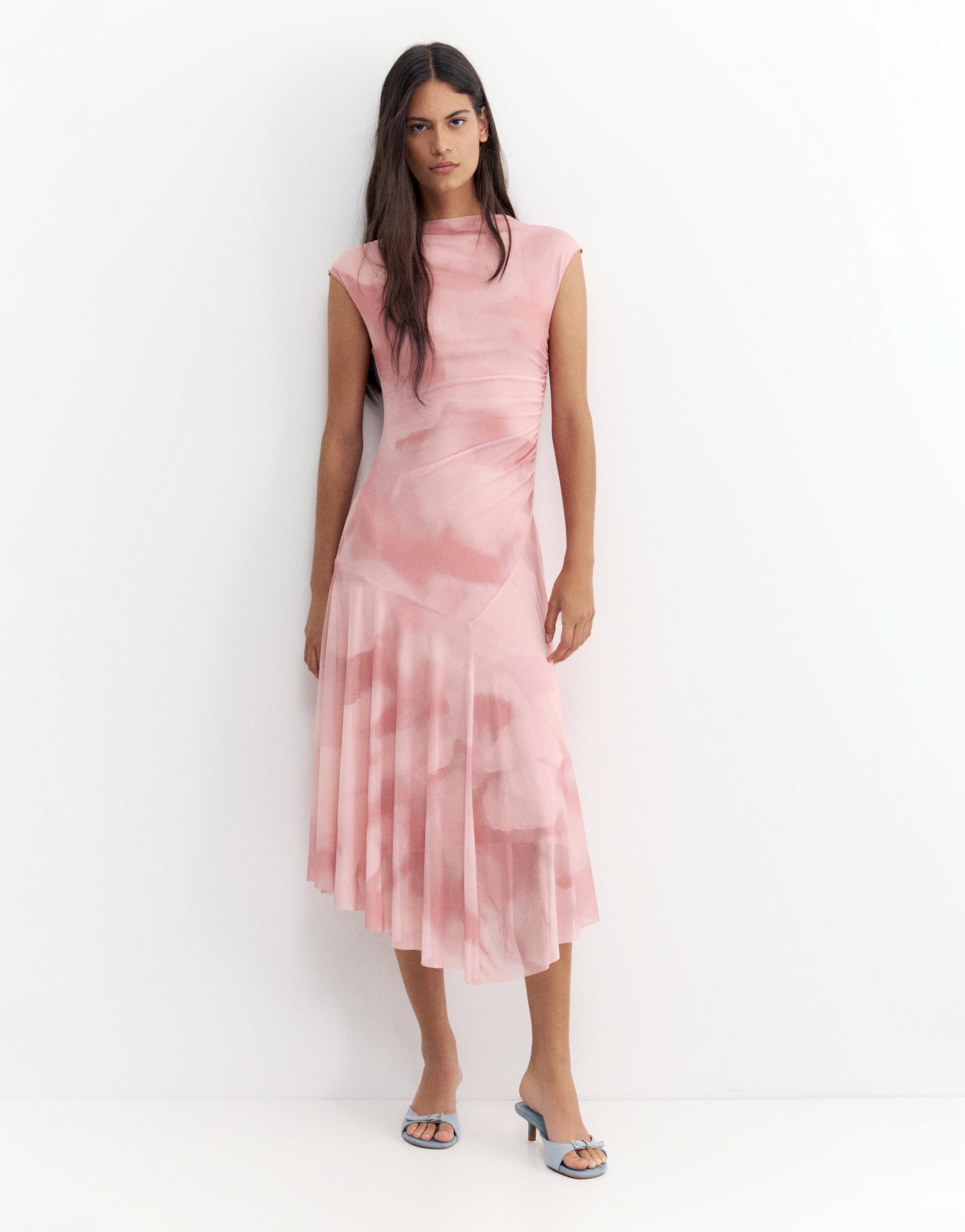 Asymmetric tulle midi dress — Dusty pink