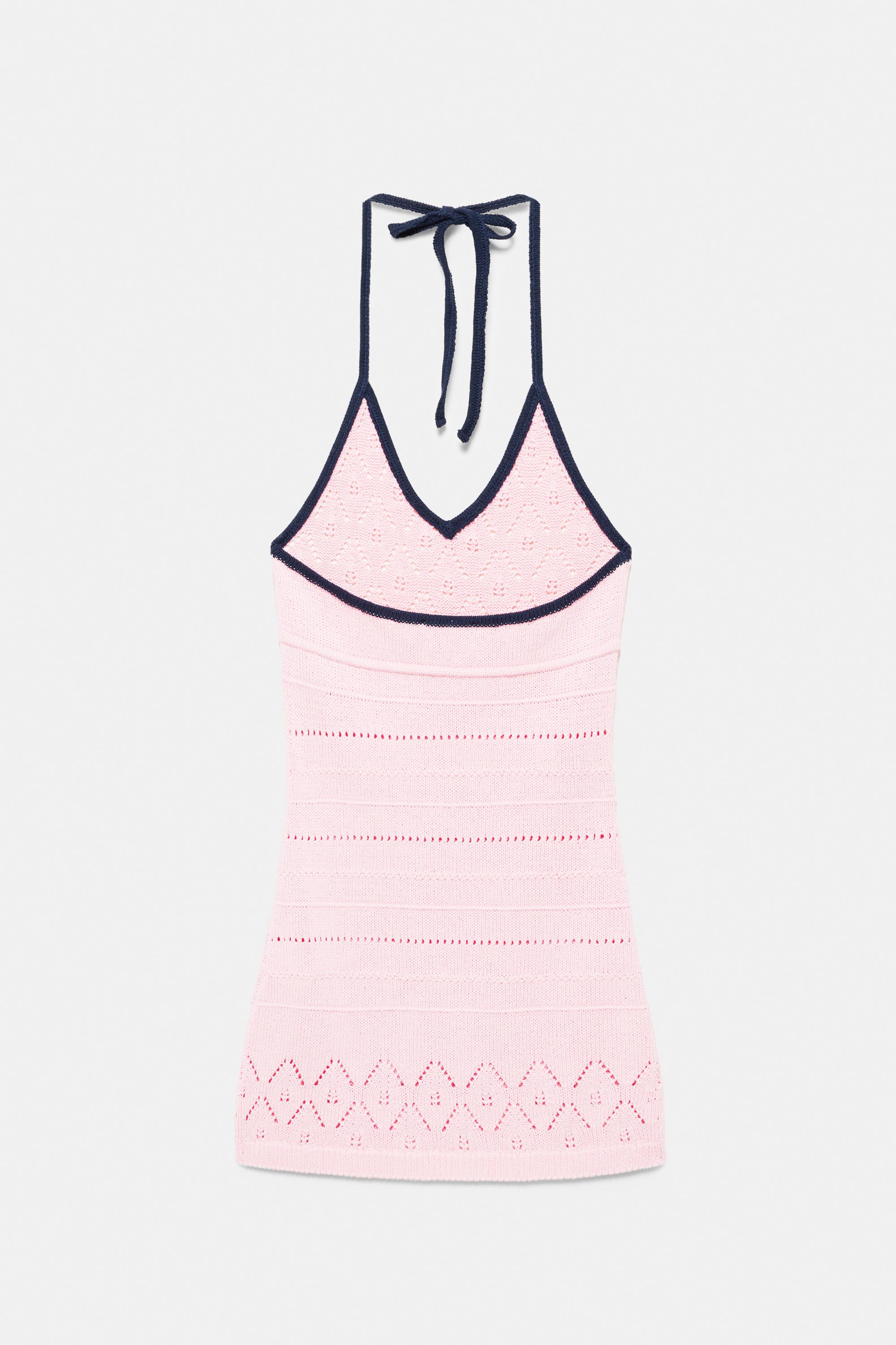 Halter neck crochet knit dress — Pink