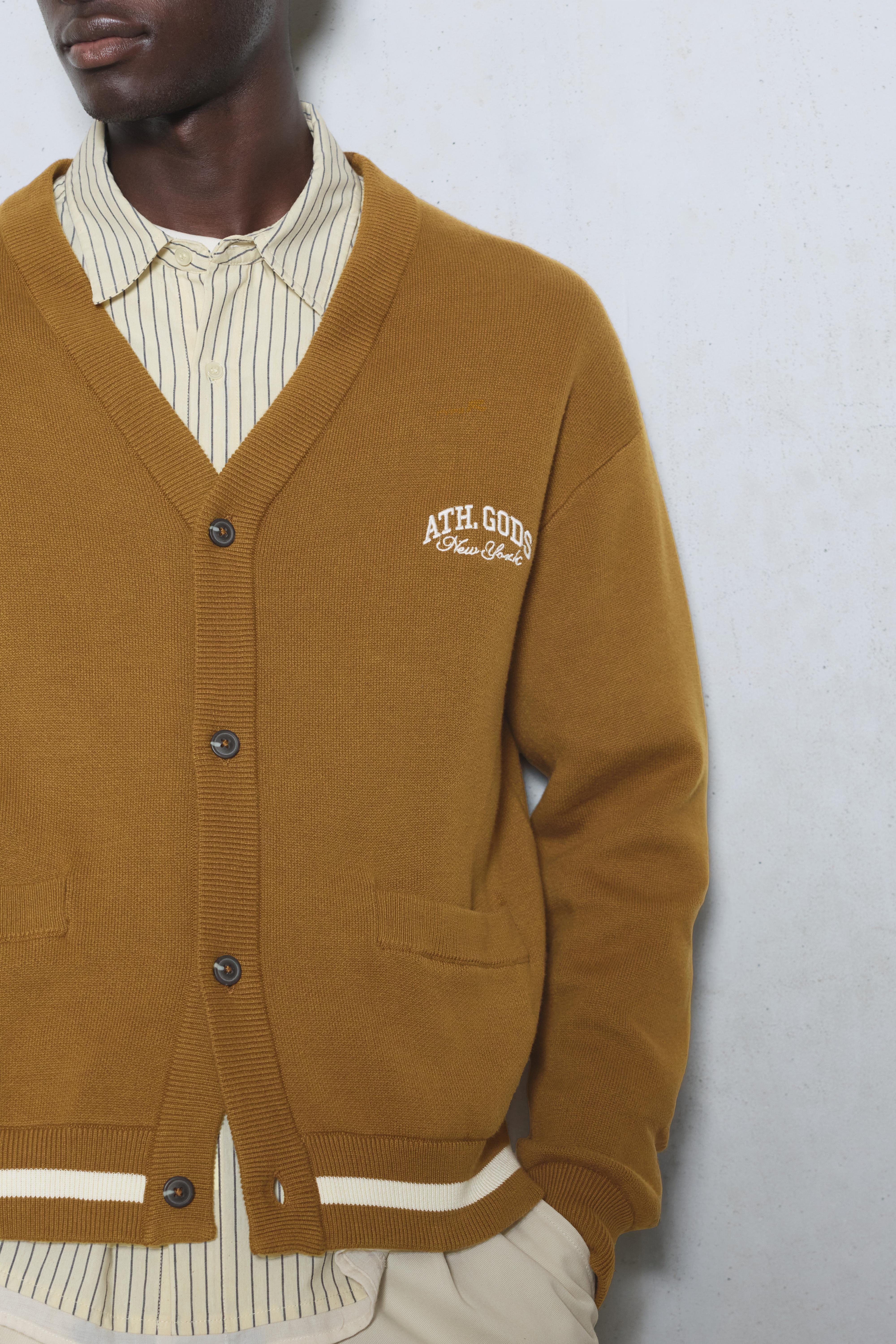 Embroidered varsity cardigan — Tobacco brown