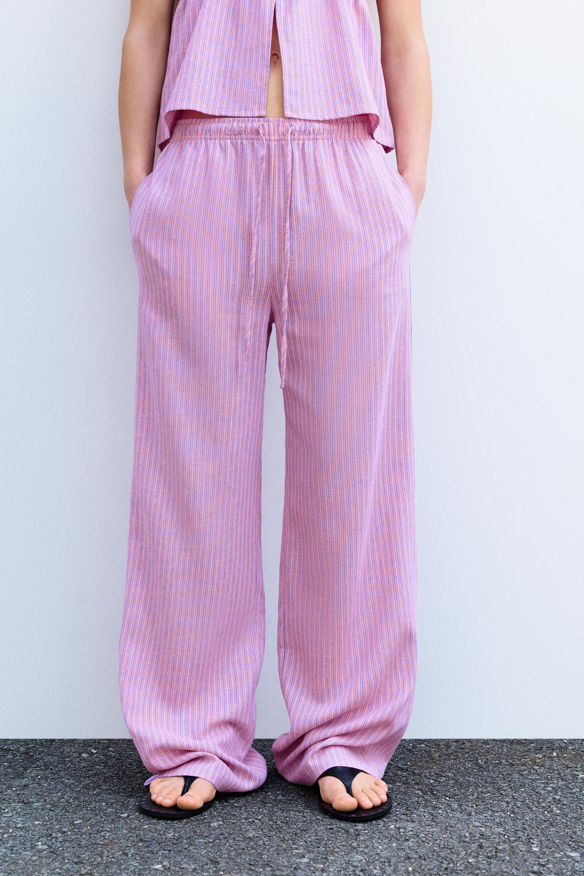 Striped pyjama-style trousers with linen — Pink