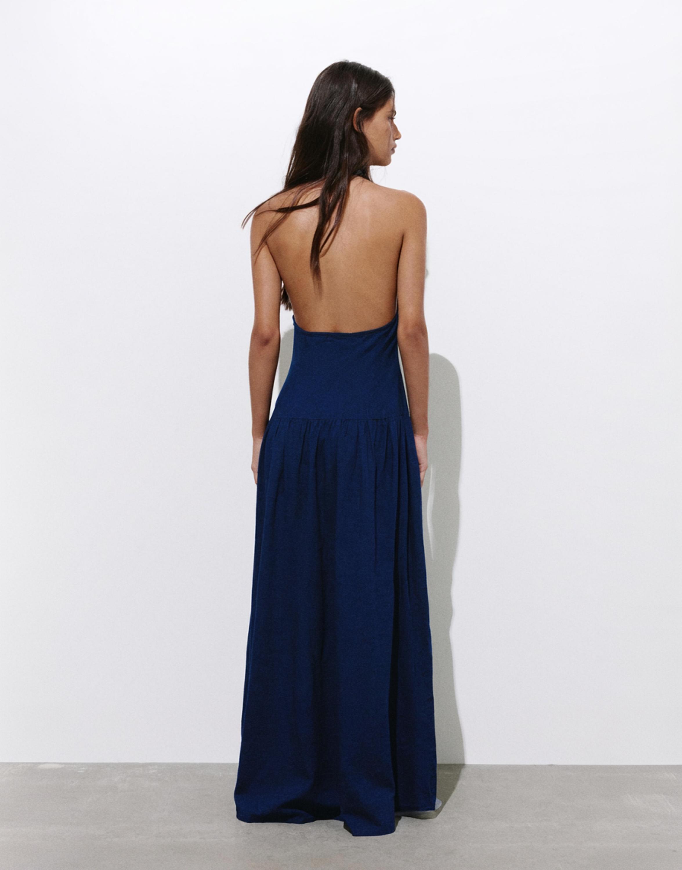 Long halter denim dress — Dark blue
