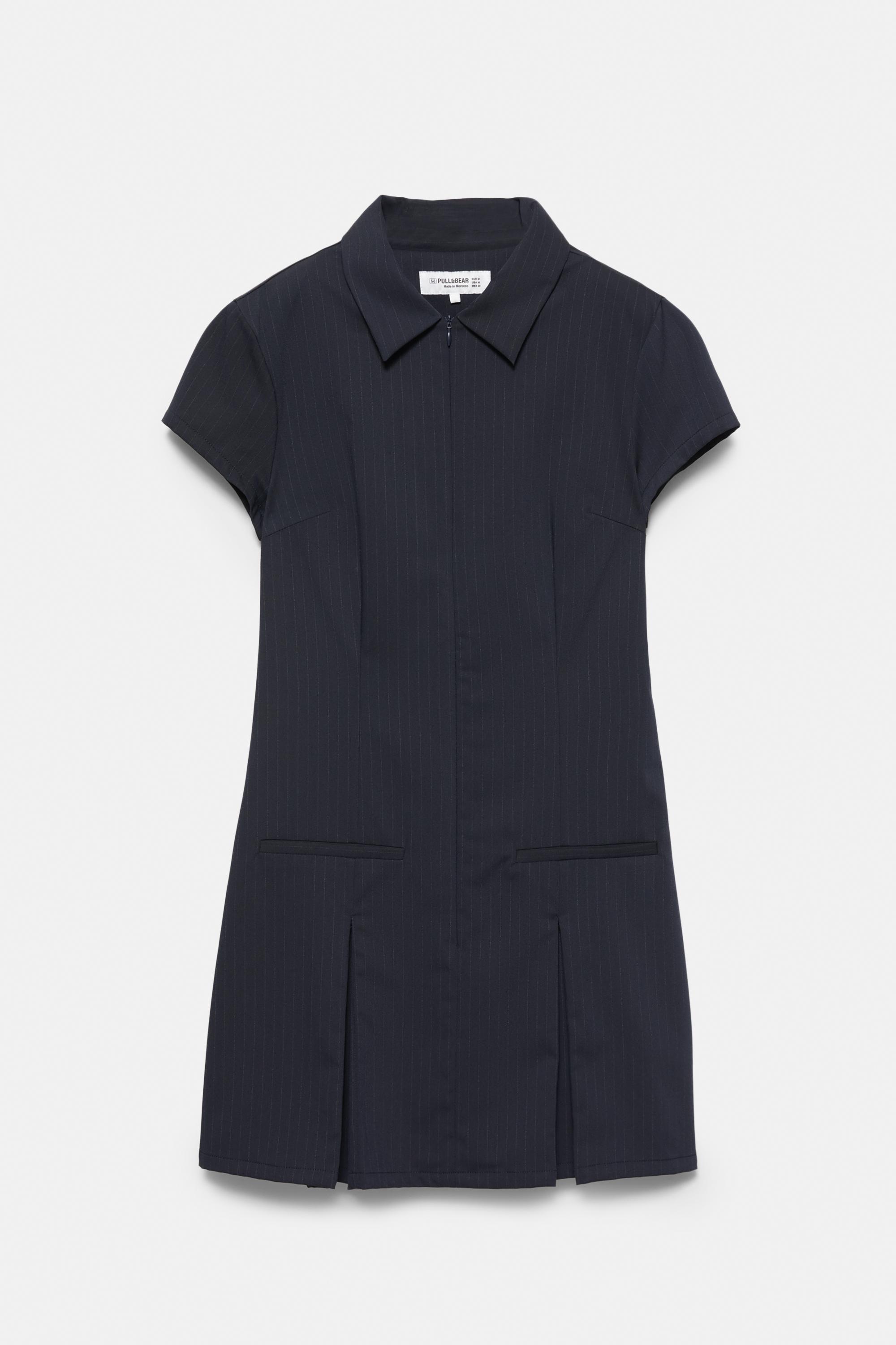 Short pinstripe dress with box pleats — Dark navy