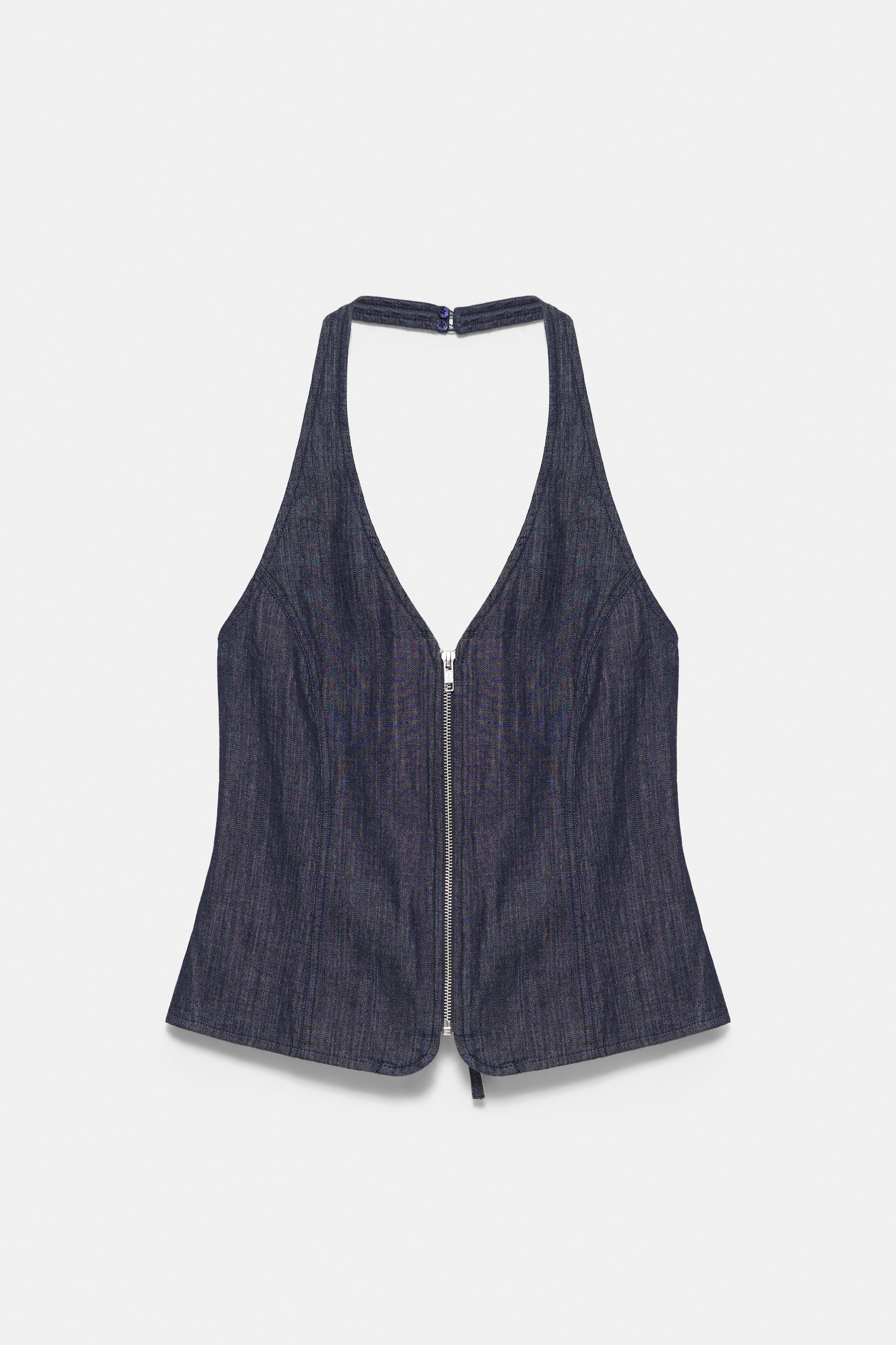 Denim halter top with zip — Navy