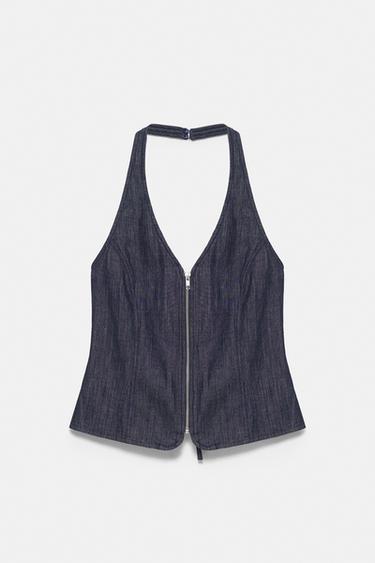 Denim halter top with zip — Navy 2