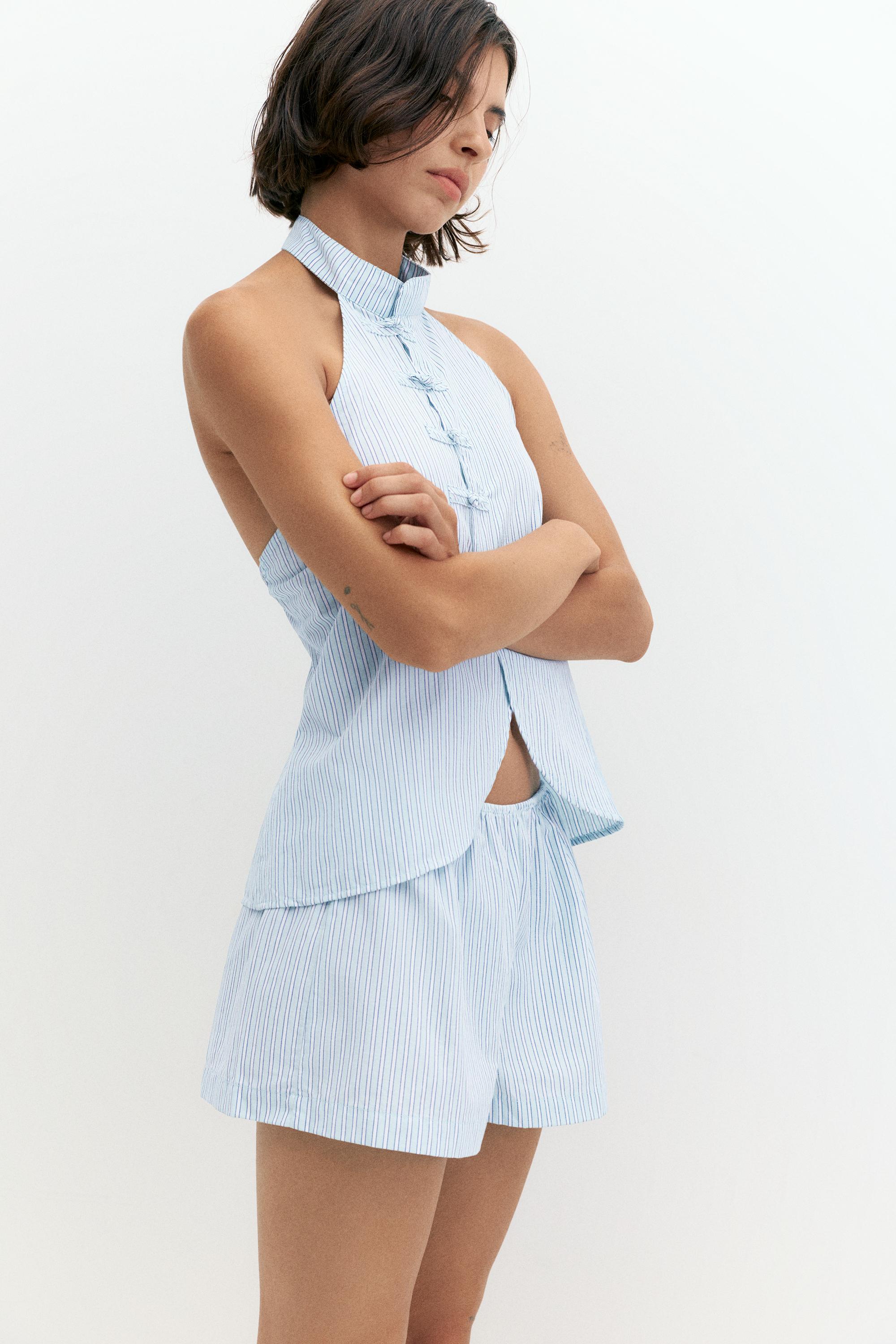 Striped pajama-style shorts — Water blue