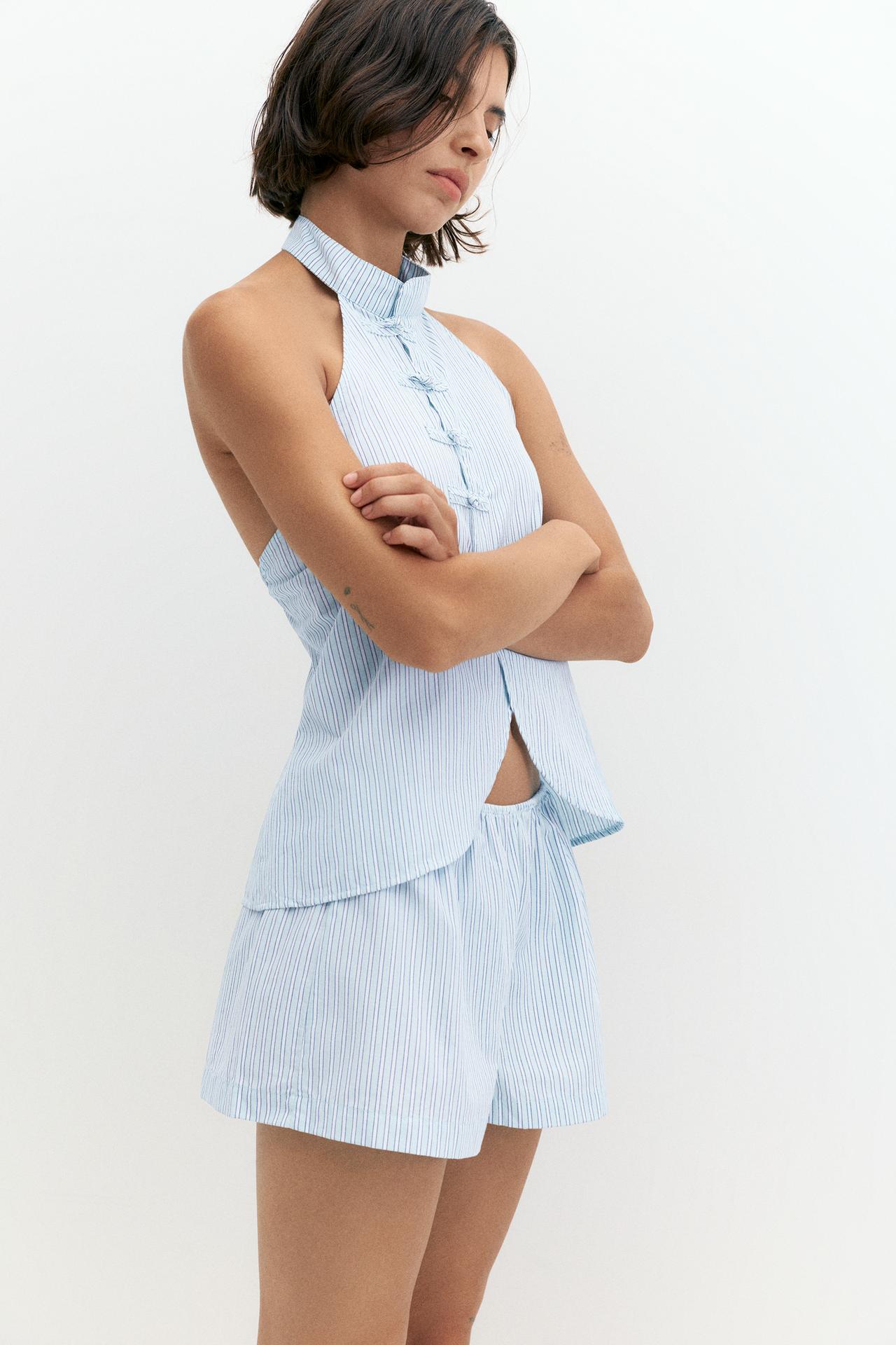 Striped pajama-style shorts — Water blue