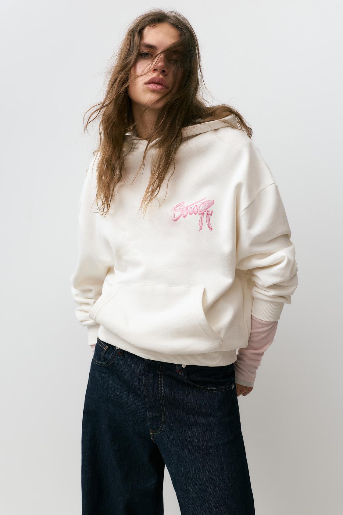 Sweat à Capuche Pull & Bear Femme Beige - Fermeture Intégrale, Taille M, Imprimé Graphique, Occasion