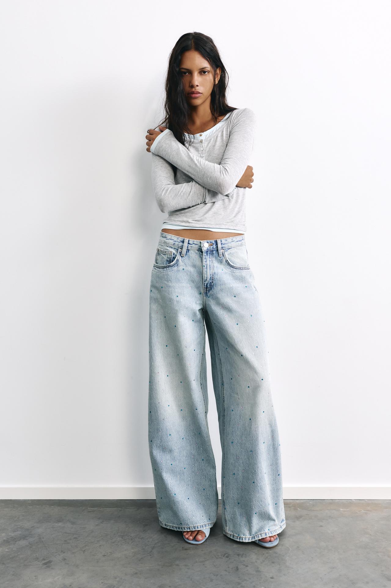 Rhinestone wide-leg jeans — Pale blue