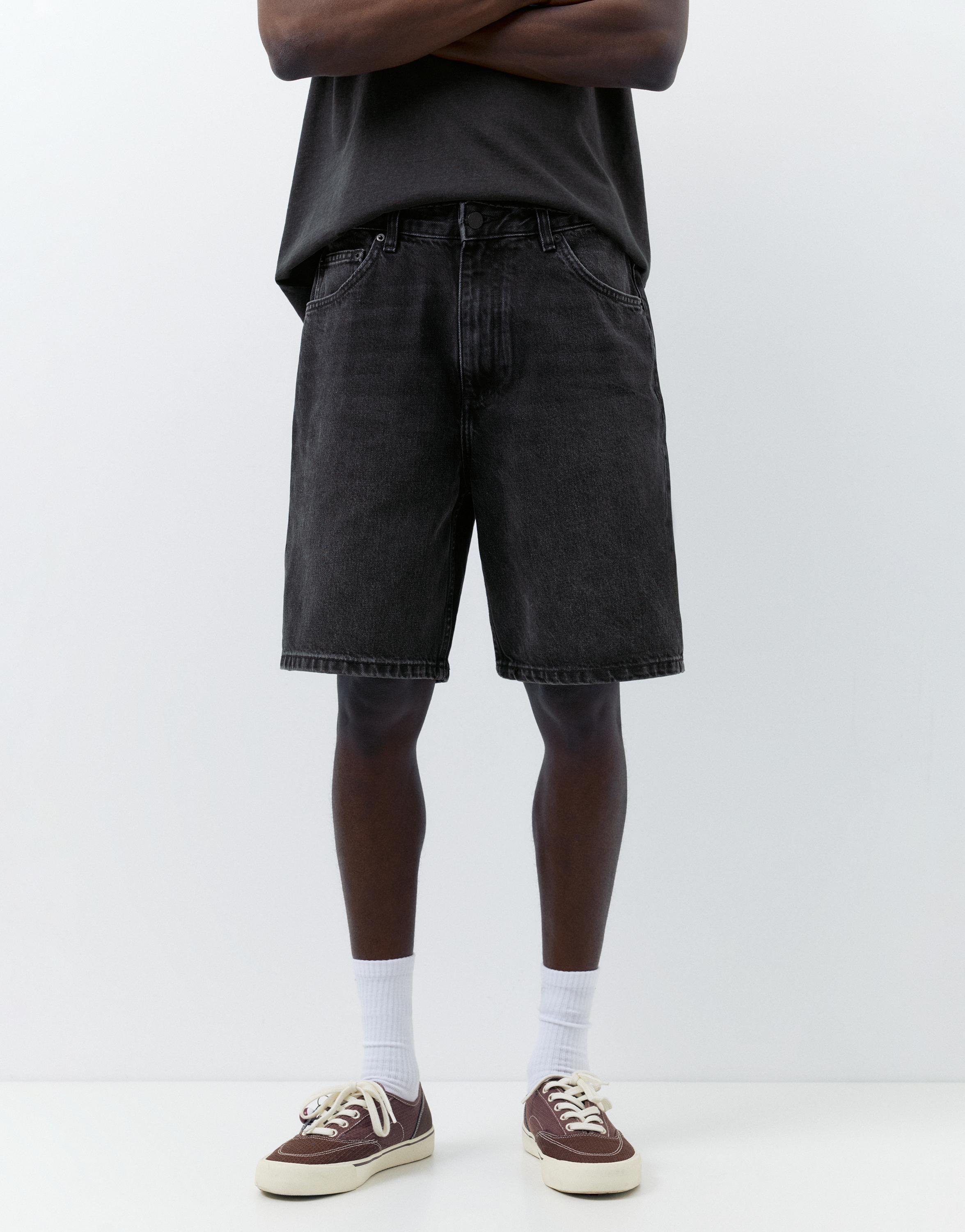 Baggy denim Bermuda shorts — Faded black