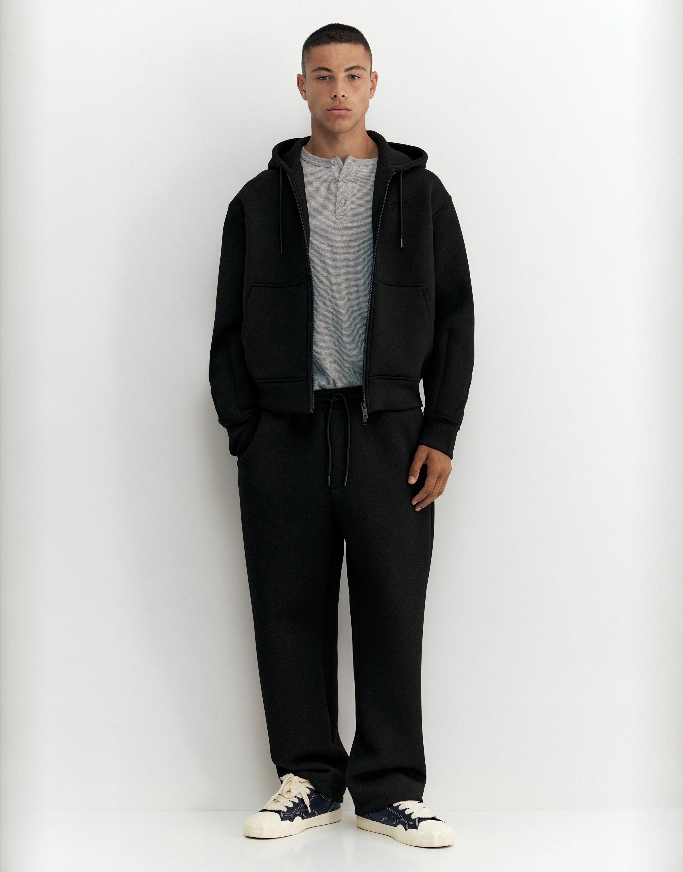 Neoprene-effect zip-up hoodie — Black
