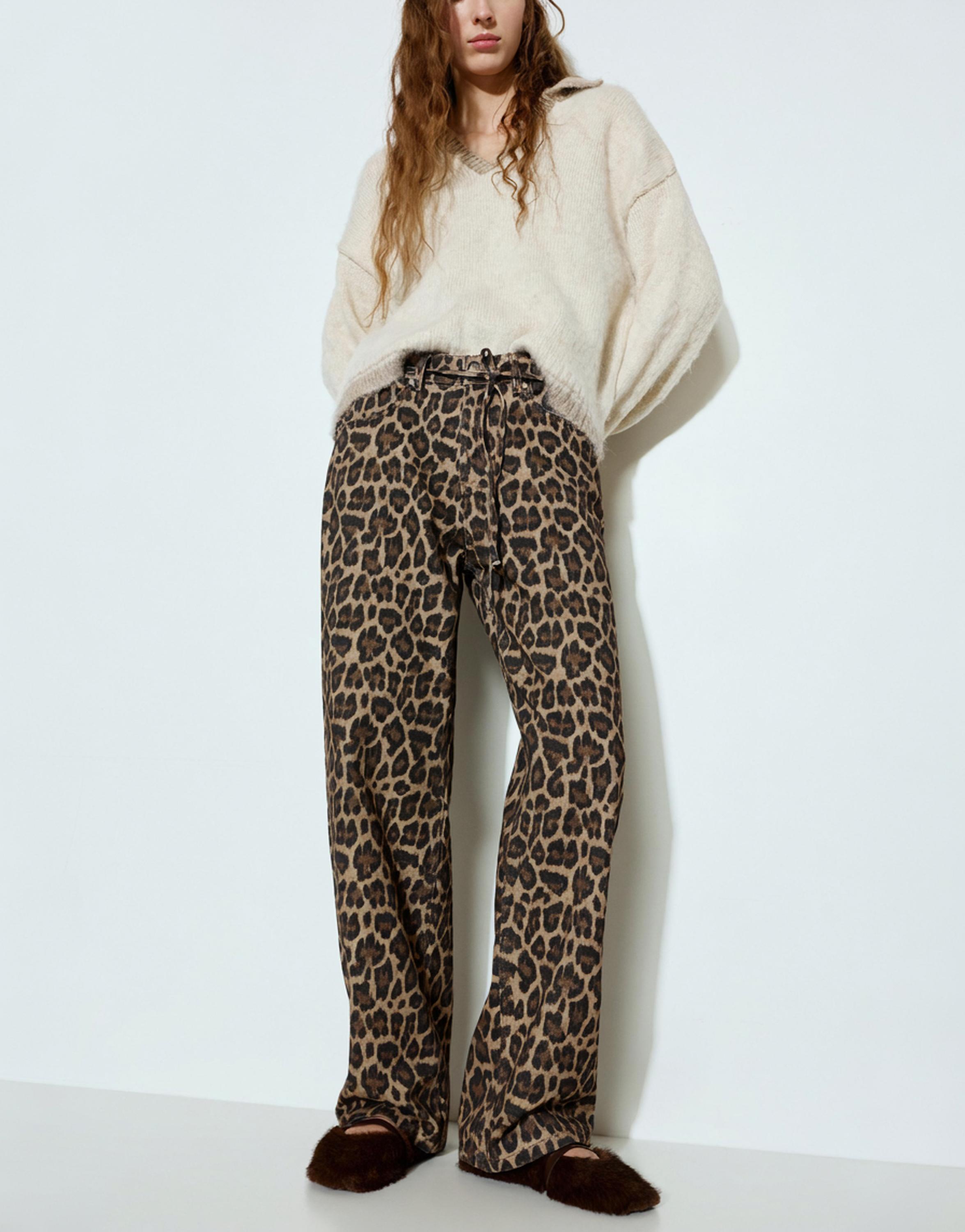 Leopard print jeans with drawstring — Leopard / taupe brown