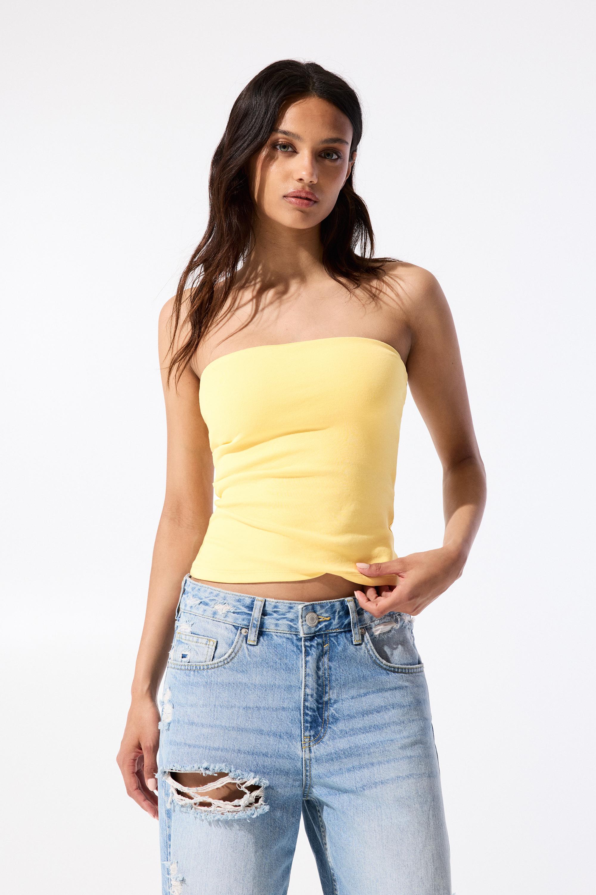 yellow strapless shirt