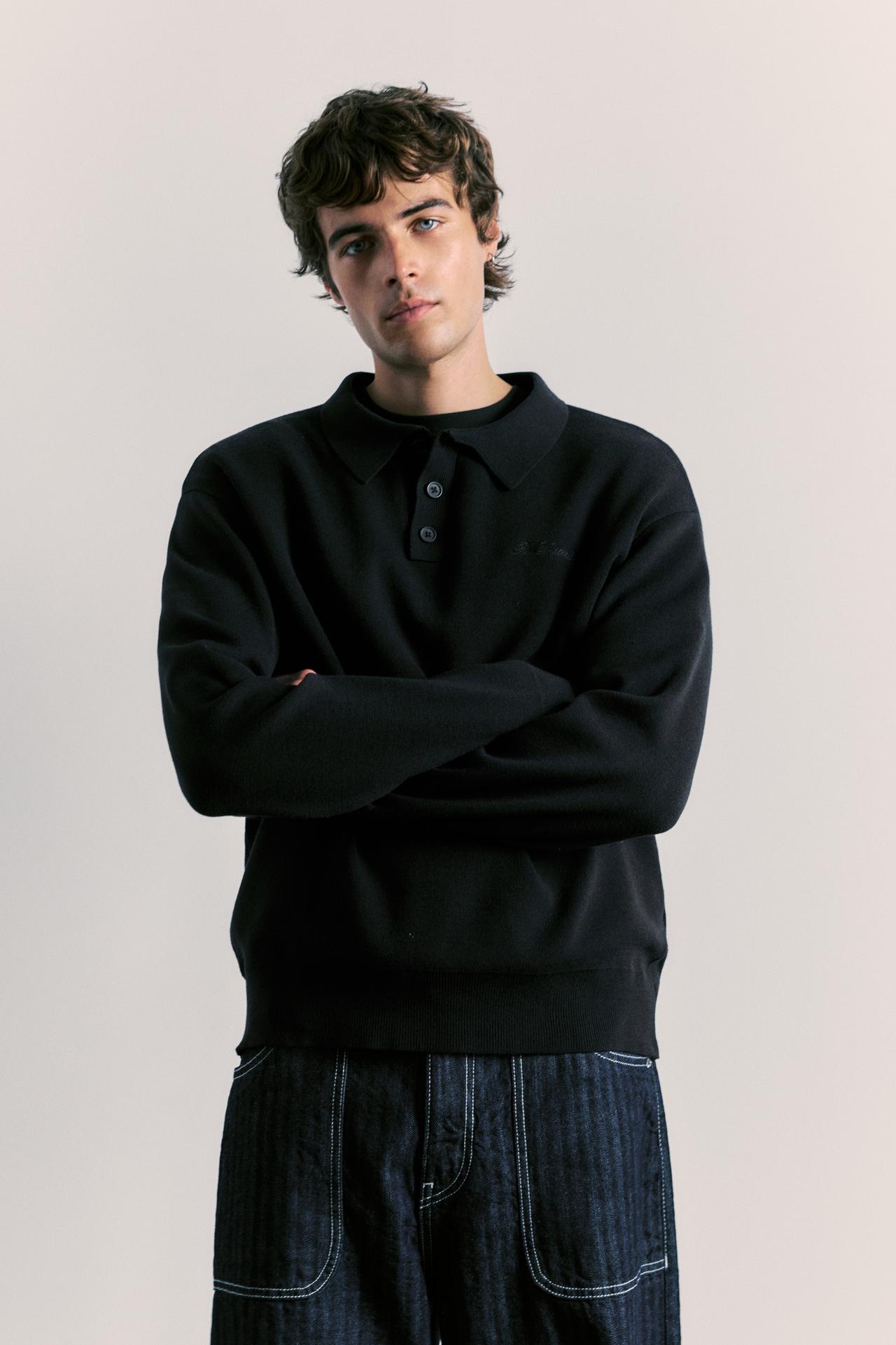 Long sleeve knit polo shirt — Black