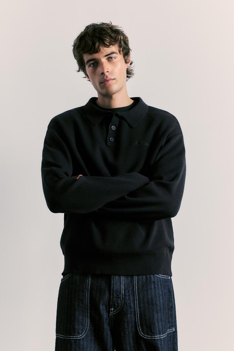 Long sleeve knit polo shirt — Black