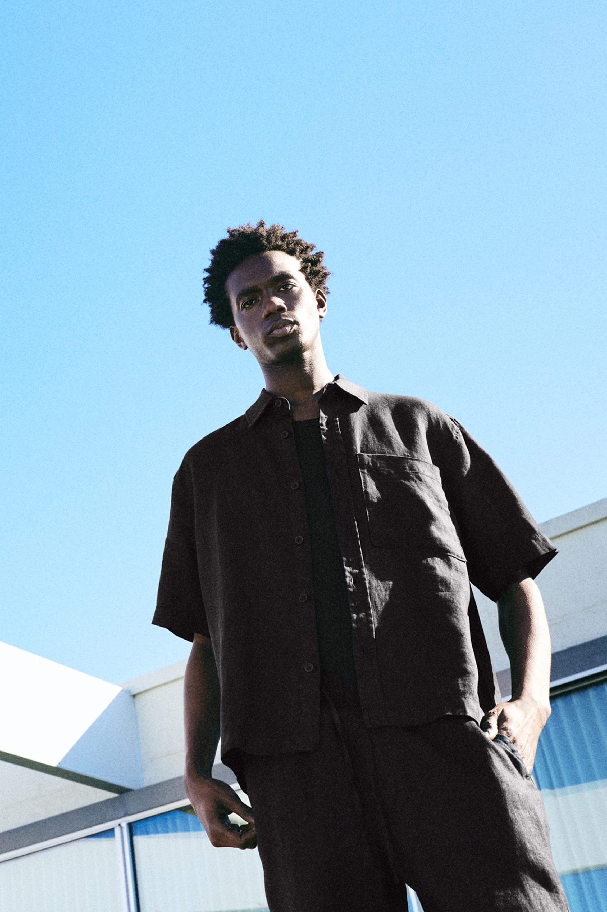 100% linen short sleeve shirt — Black