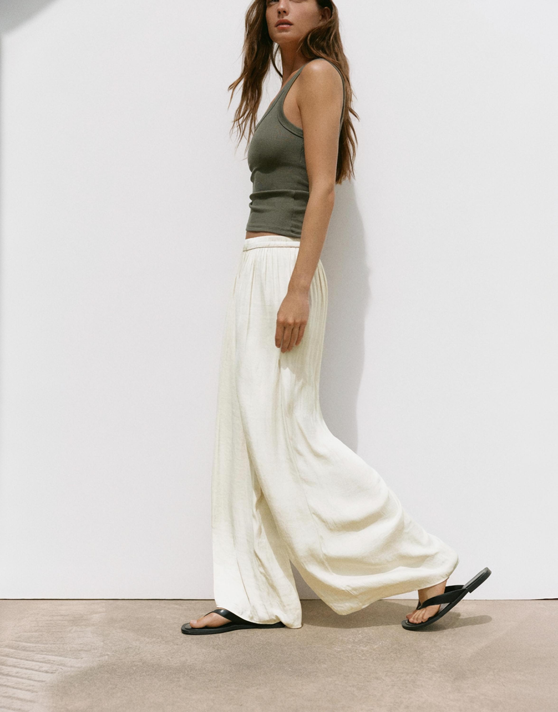 Satin wide-leg trousers — Ecru