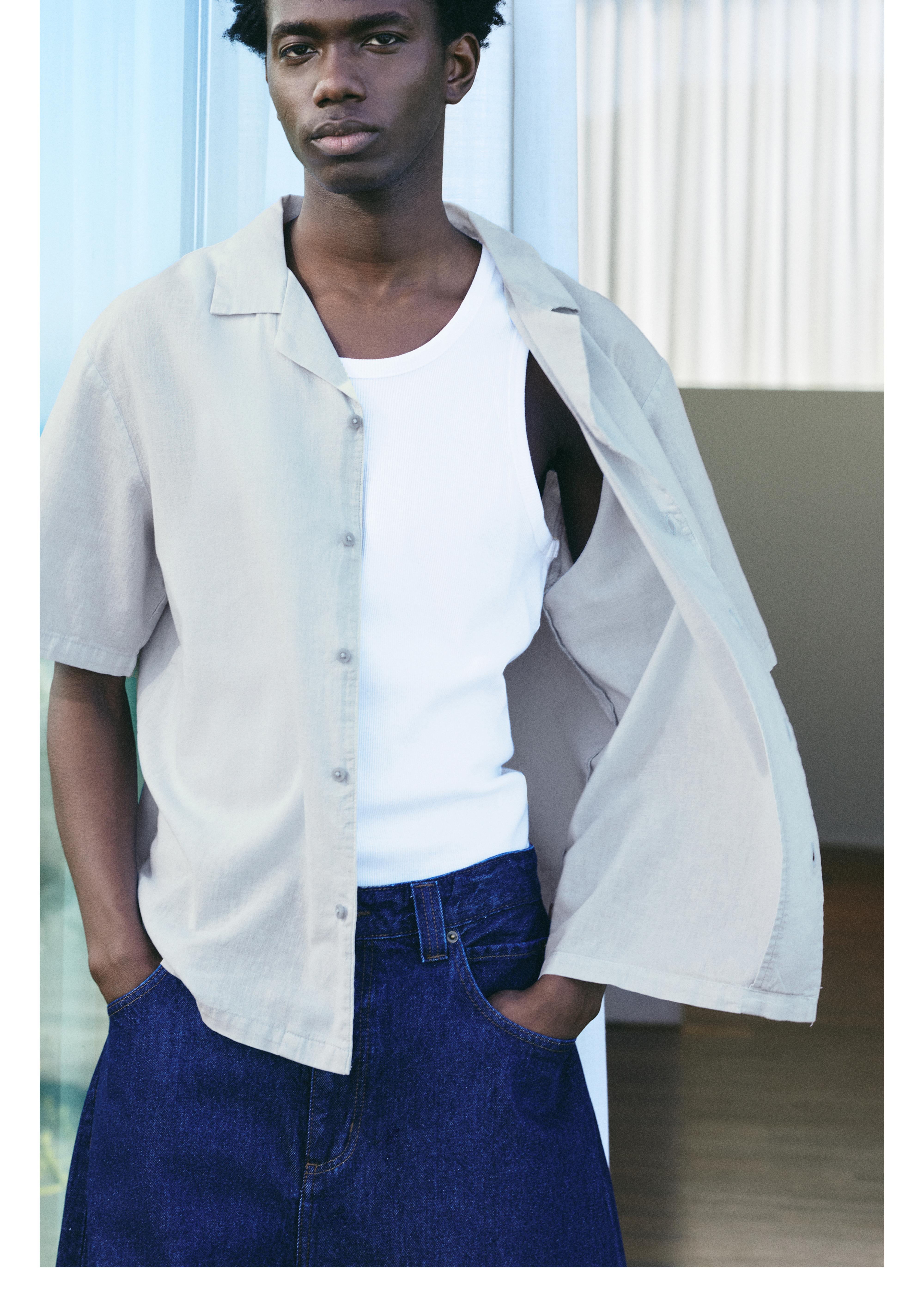 Short sleeve linen blend shirt — Pale blue