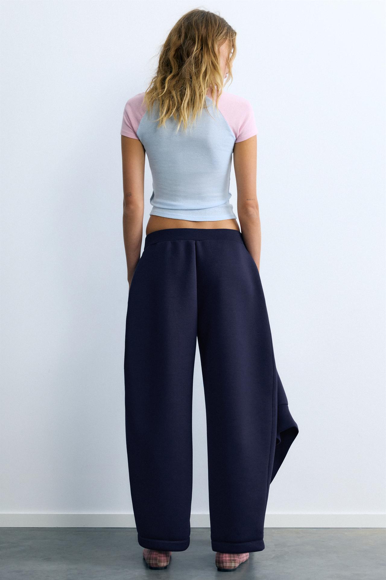 Neoprene-effect barrel trousers — Navy