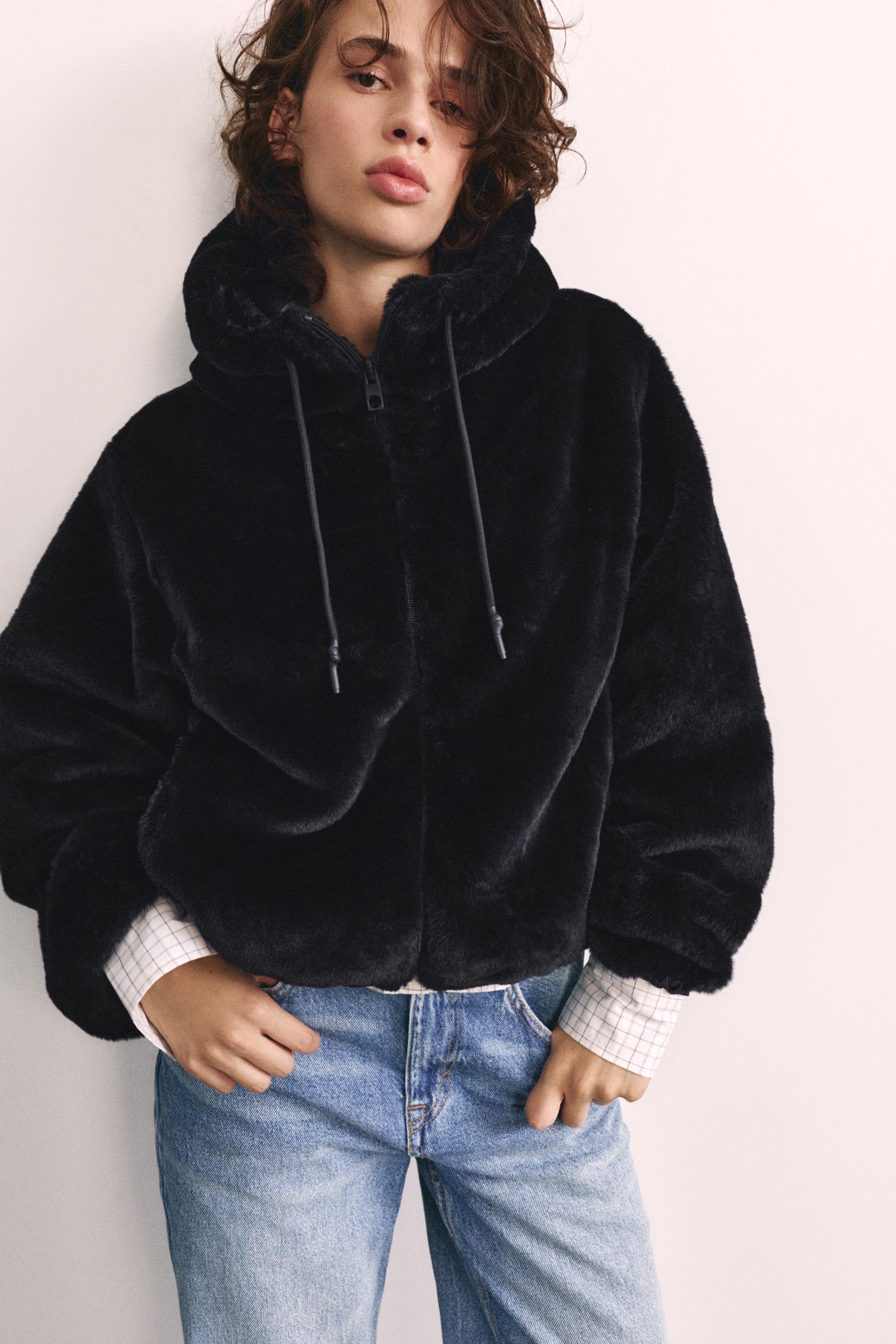 Hooded faux fur jacket — Black