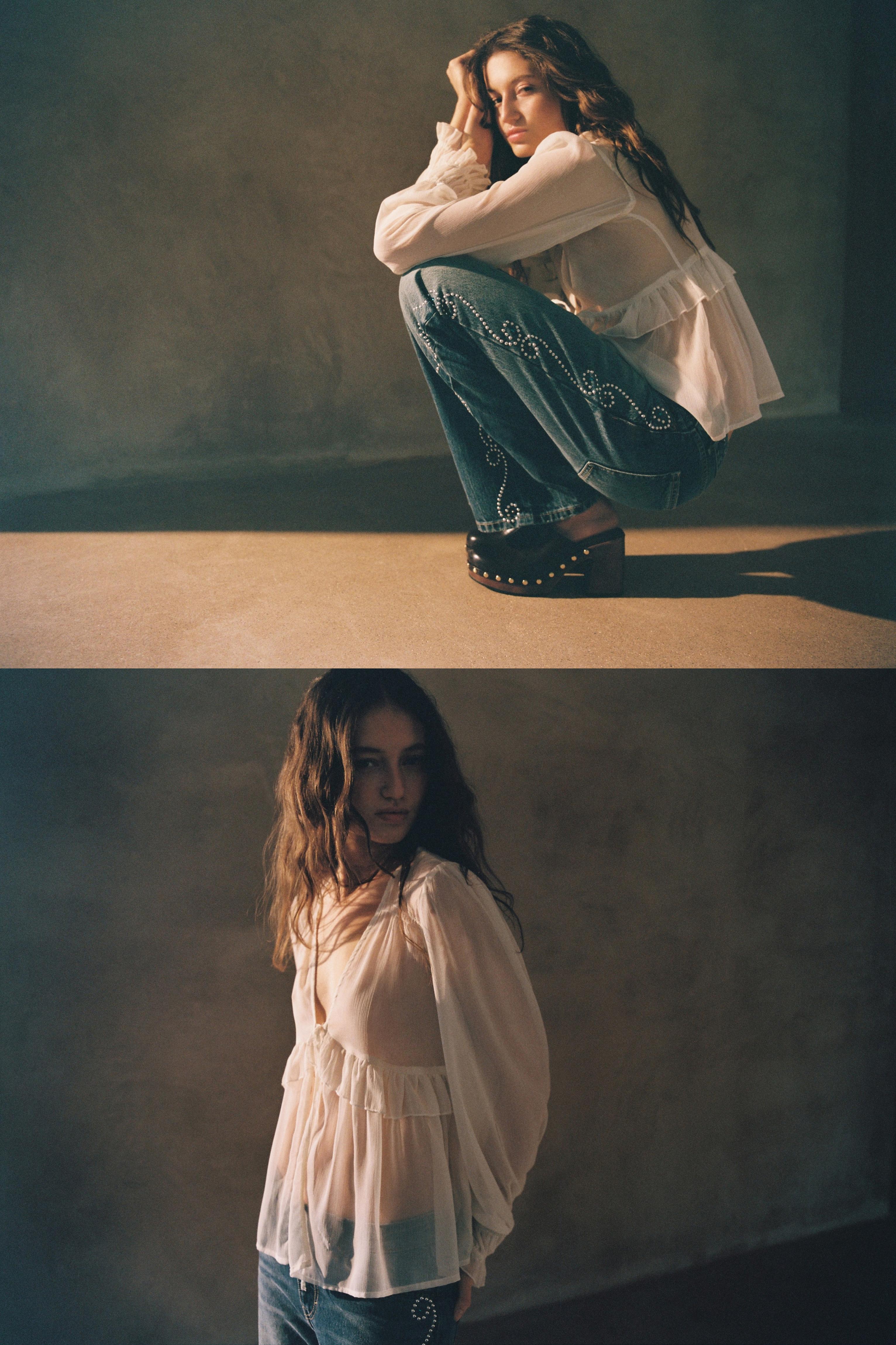 Sheer blouse with ruffle — Ice