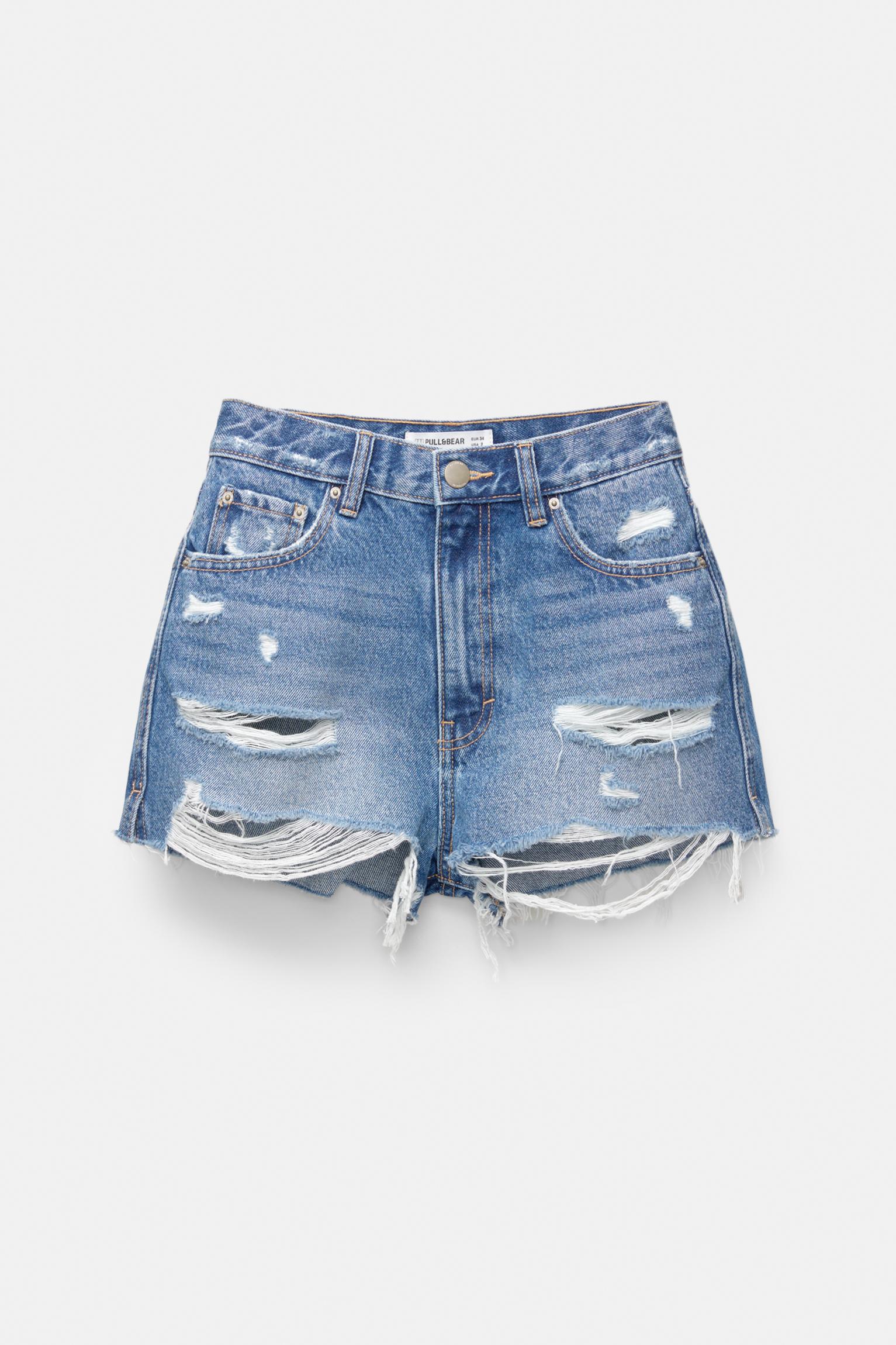 Denim shorts with frayed hems — Medium blue