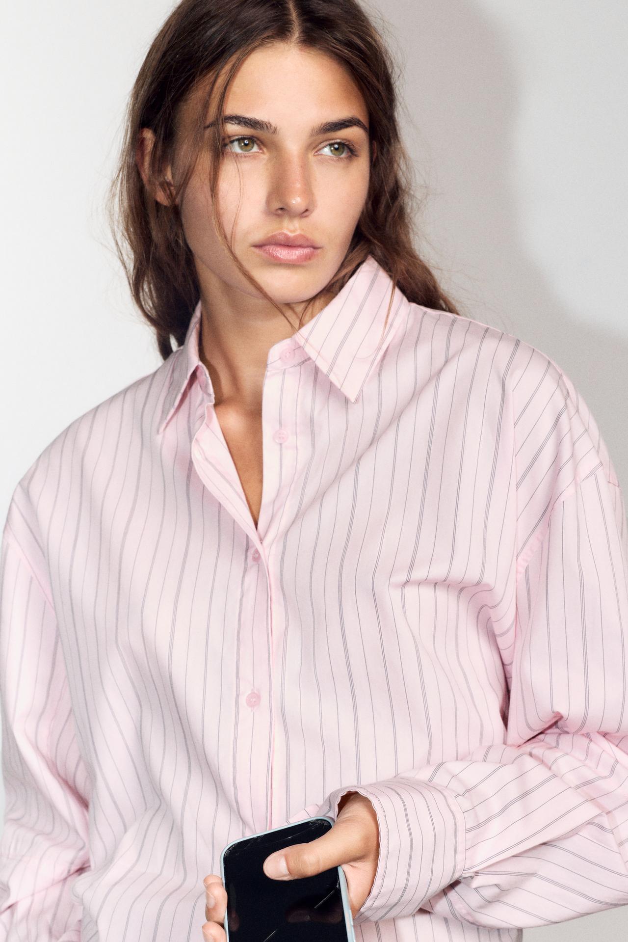 Striped shirt with back buttons — Rose pink